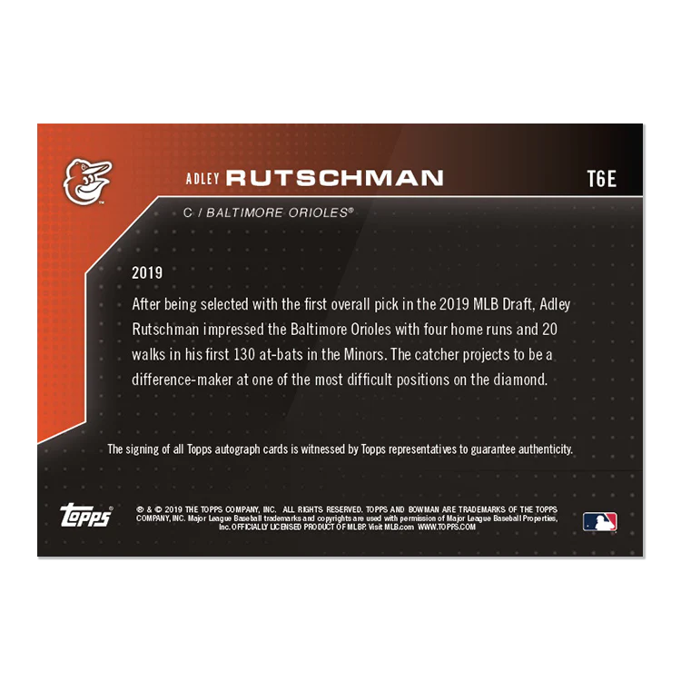 On-Card Auto # to 5 - Adley Rutschman - Bowman NEXT TOPPS NOW® Card T6E