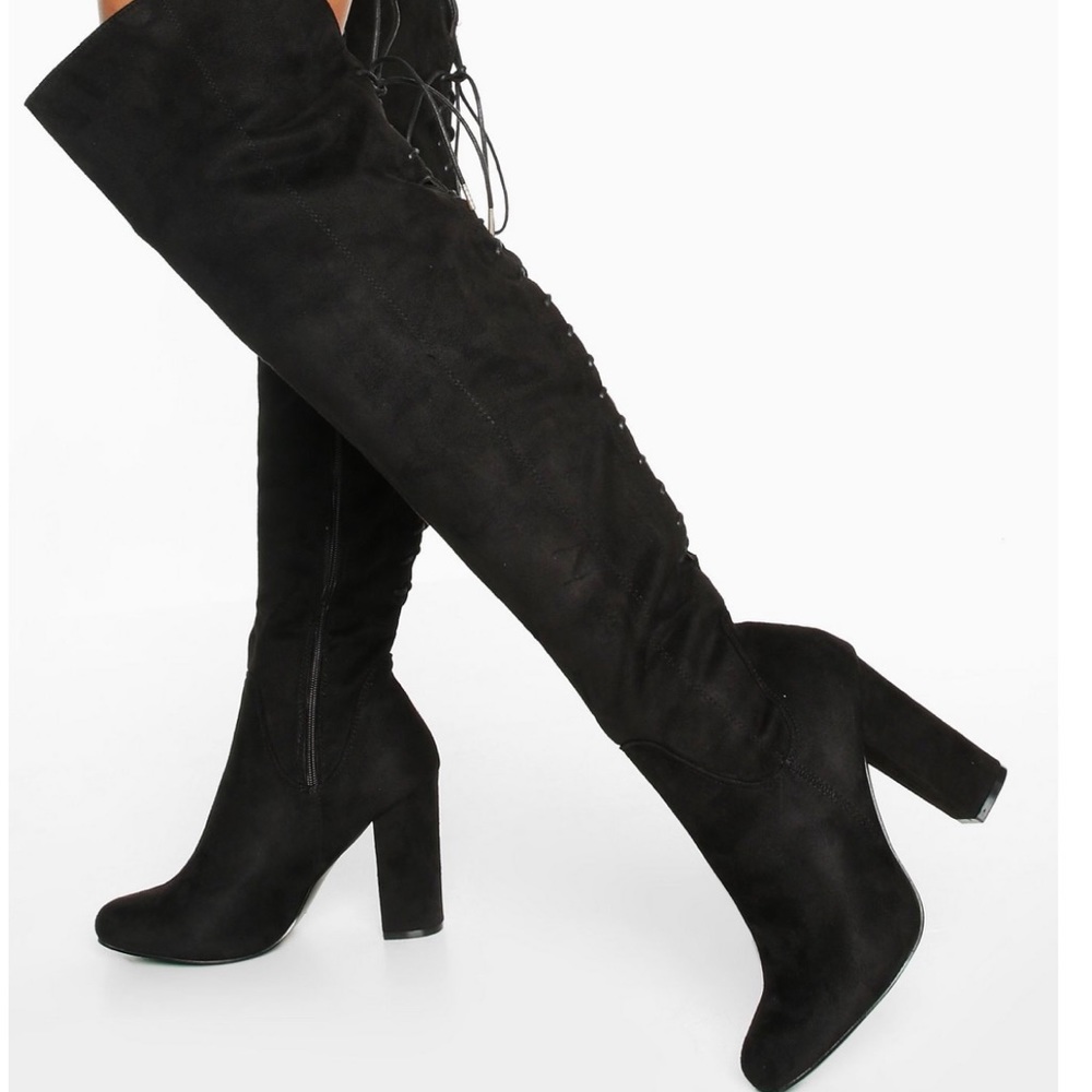 Lace Back Over The Knee Block Heeled Boots