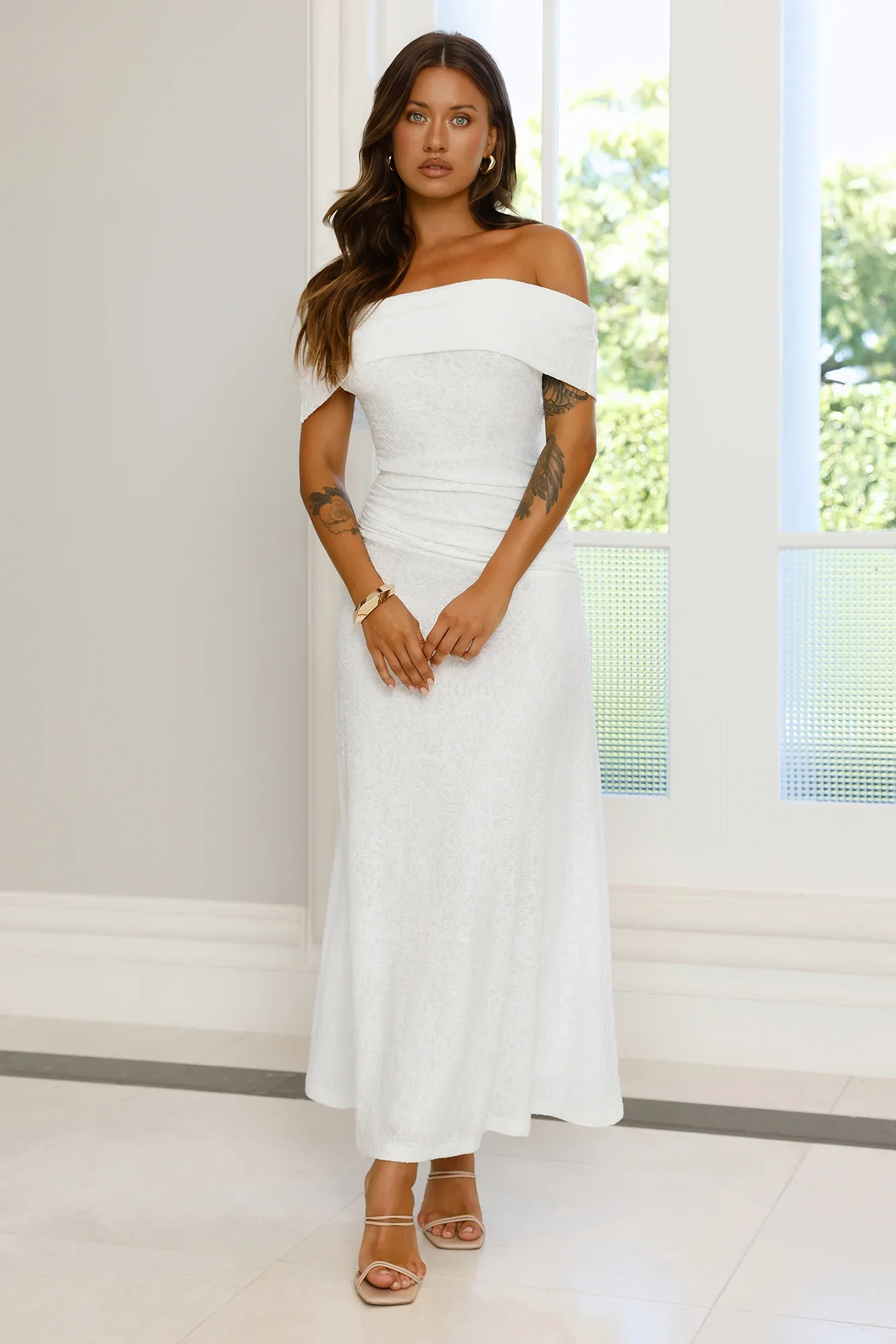 First Class Finish Off Shoulder Maxi Dress Cream