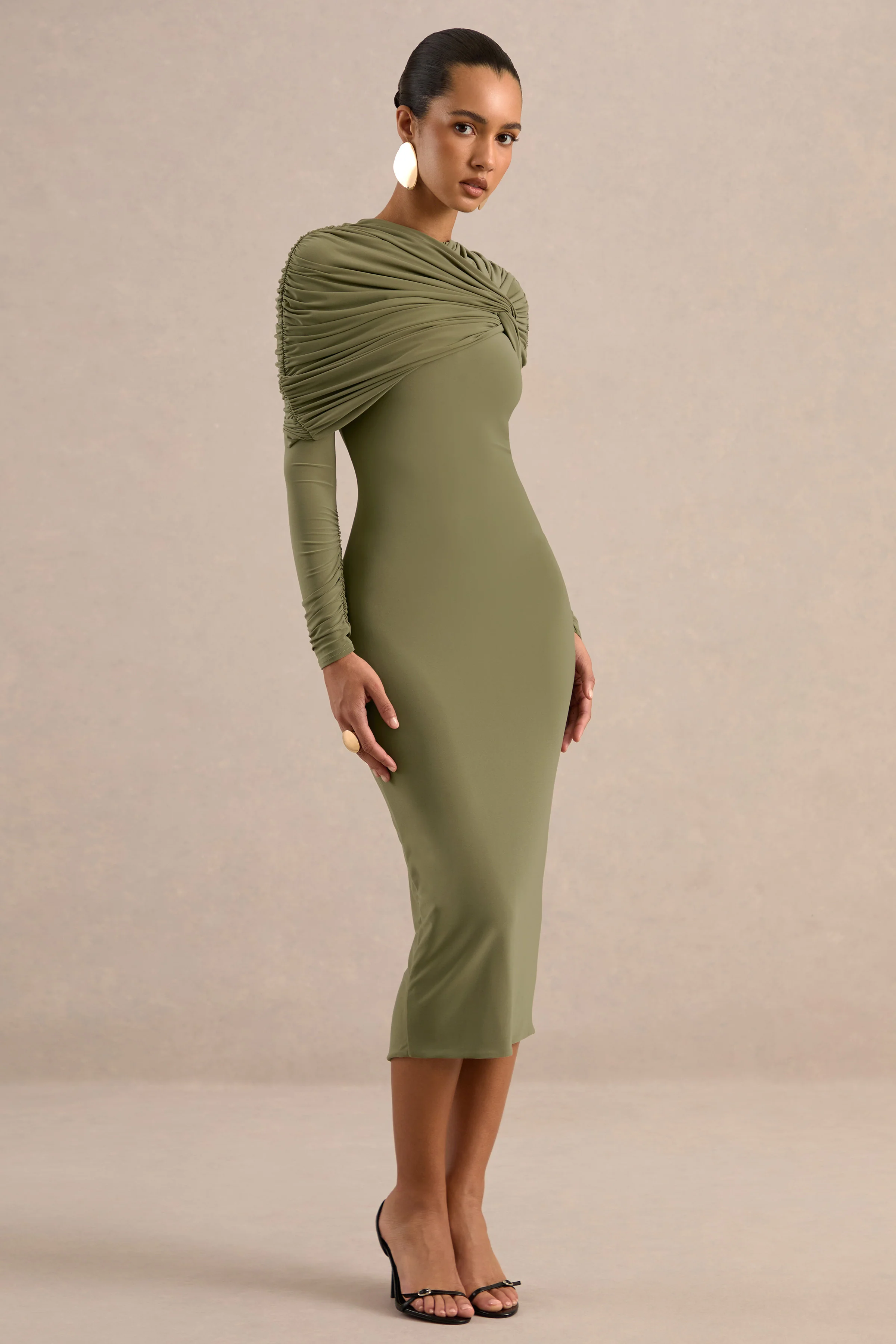 Delaria | Olive Jersey Round Neck Twisted Long Sleeve Midi Dress With Gathered Detail And Back Split