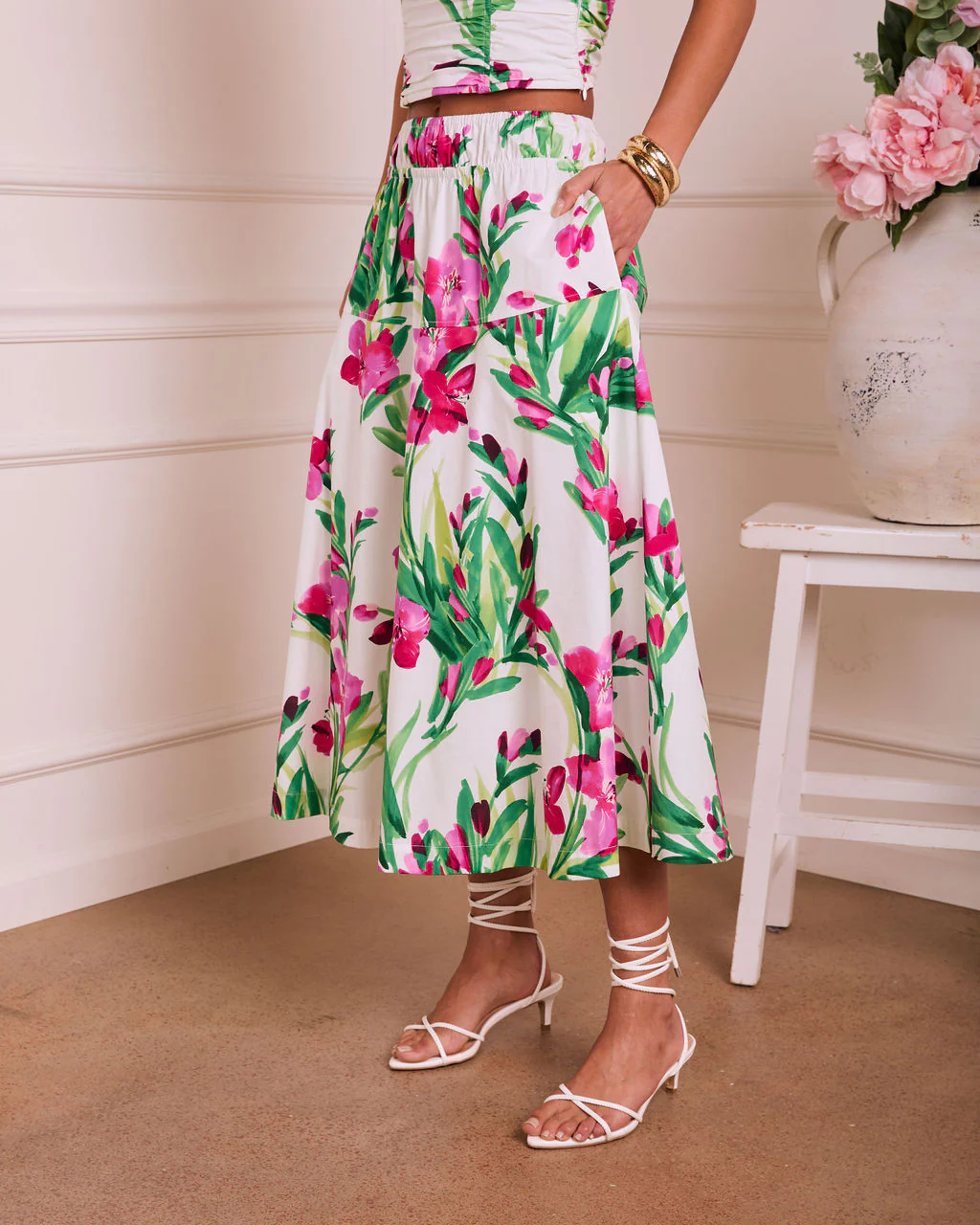Fresh Gardenia Floral Midi Skirt