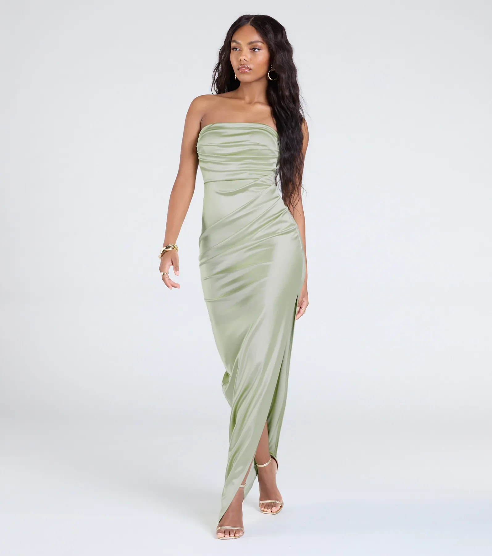 Brianna Satin Strapless High Slit Column Dress