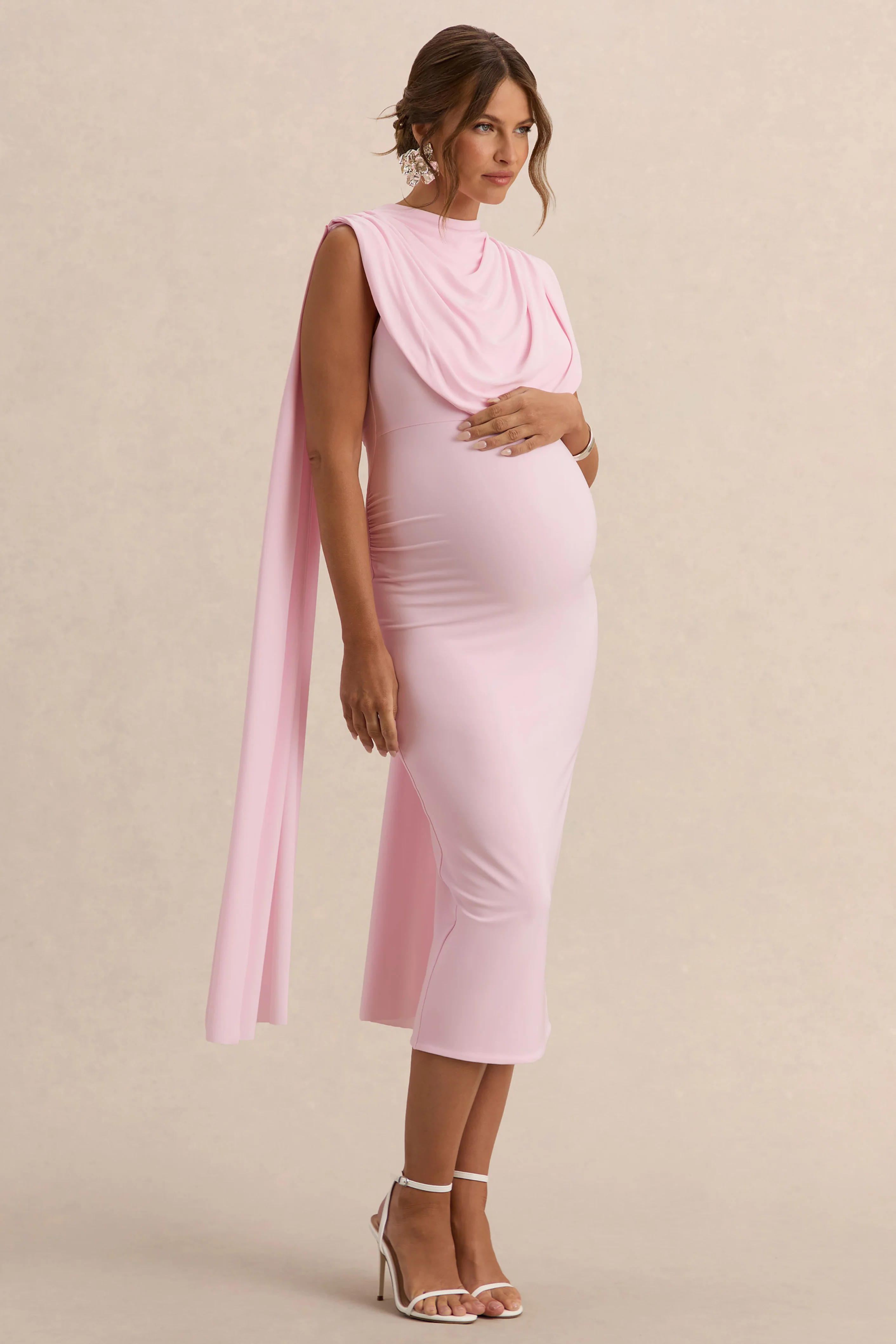 Milaine | Light Pink Round-Neck Maternity Midi Dress With Cape Sleeves