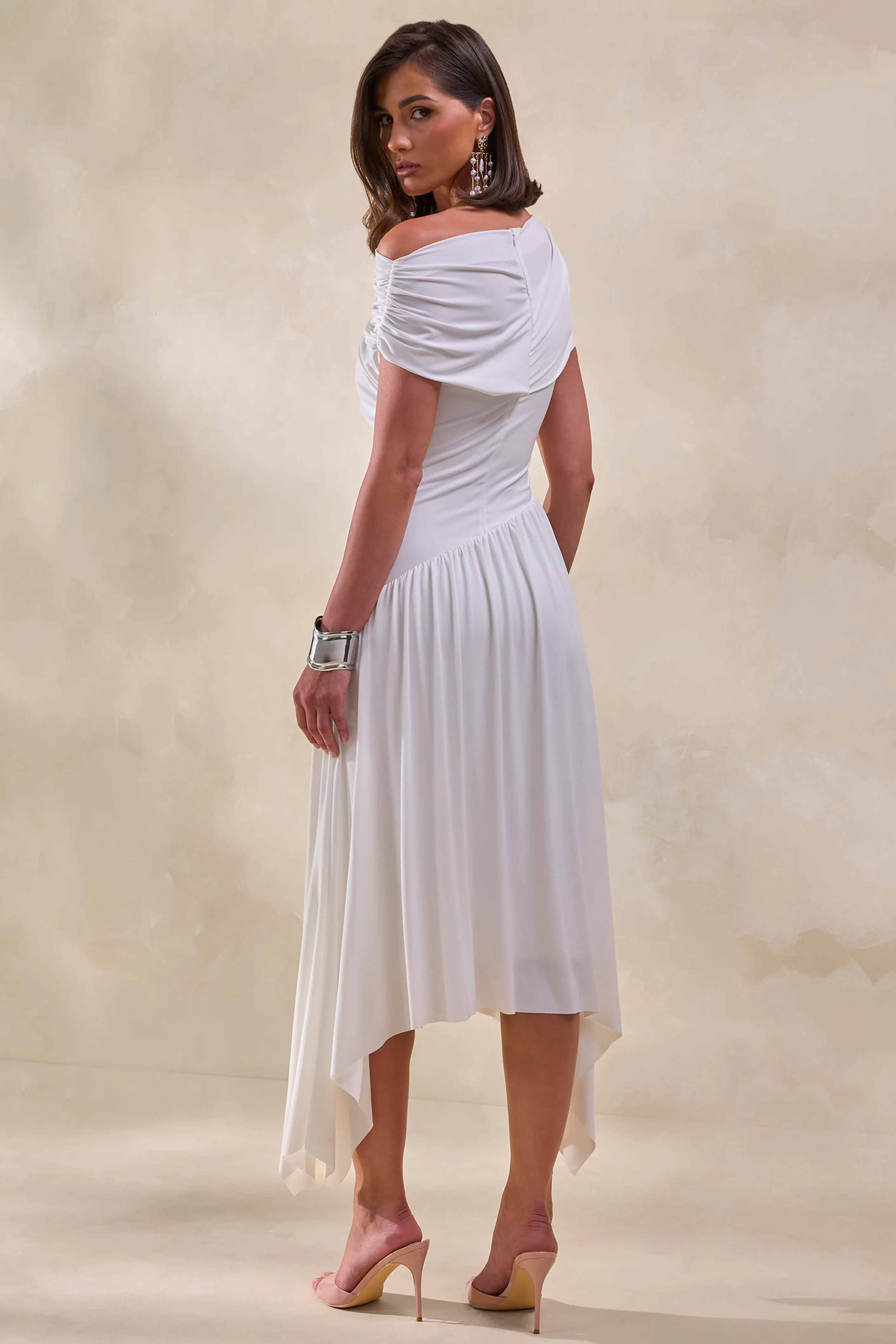 Lorina | White Midi Dress With Asymmetric-Waist