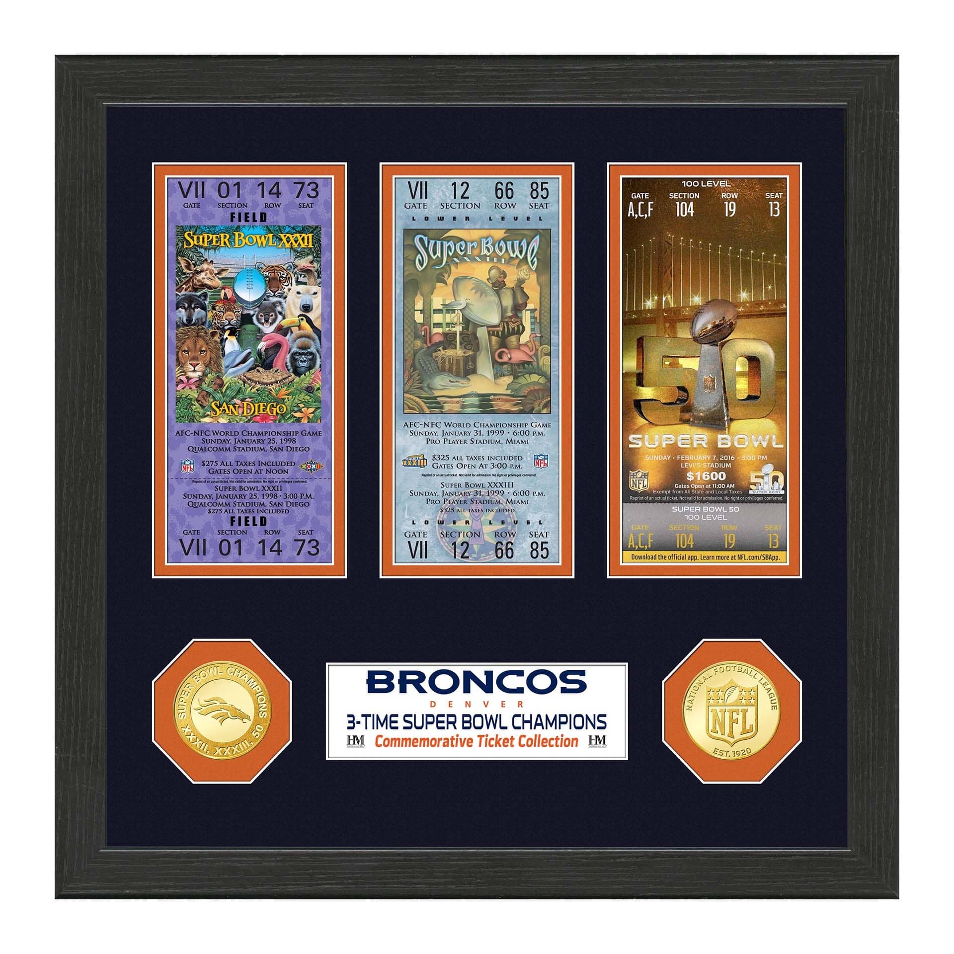 Denver Broncos 3-Time Super Bowl Champions Tickets Bronze Coins Framed NFL Photo