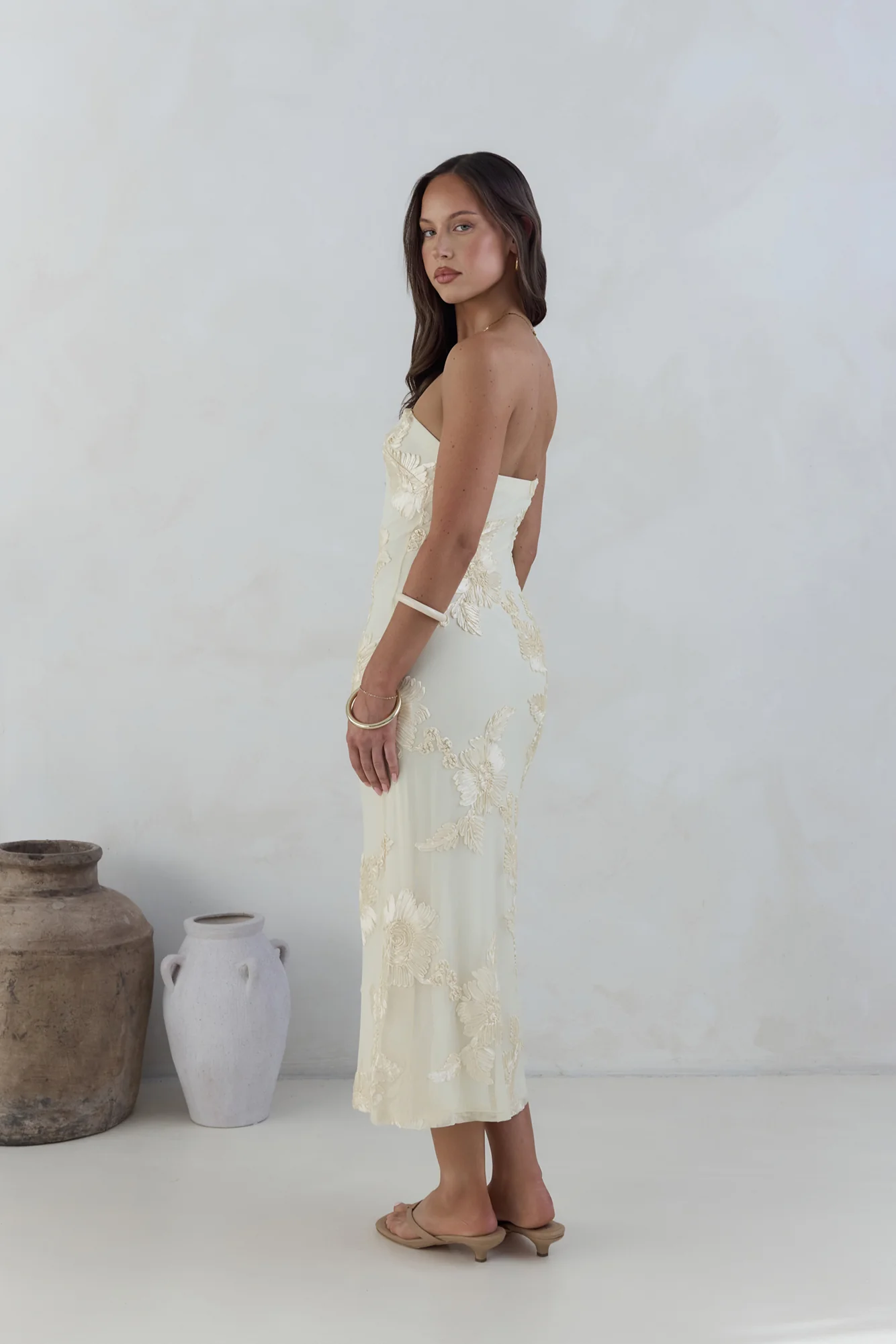 Golden Voyage Strapless Midi Dress Yellow