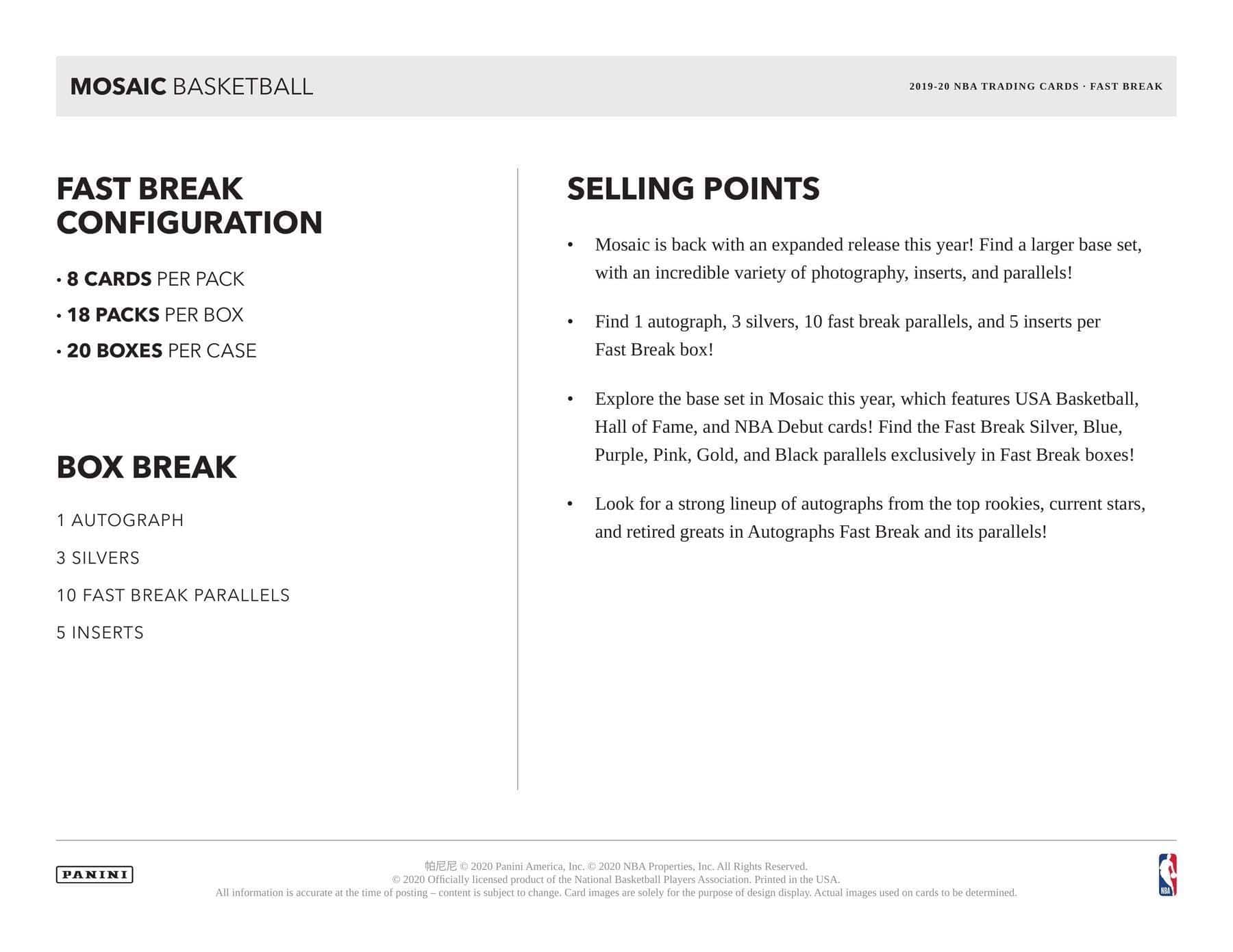 2019/20 Panini Mosaic Fast Break Basketball Hobby Box NBA