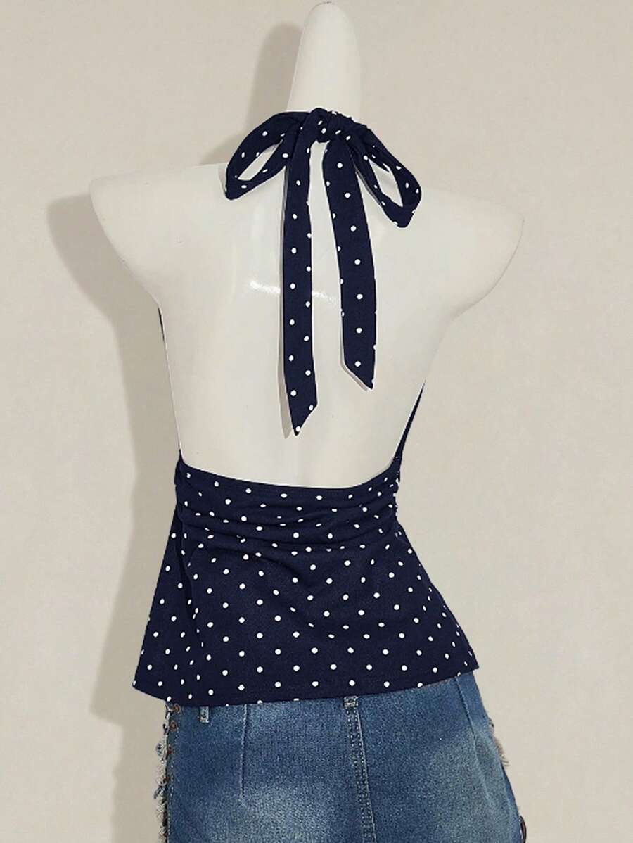 SHEIN ICON Halter Deep V-Neck Cinched Waist A-Line Backless Polka Dot Camisole Navy Blue Halter Tank Top