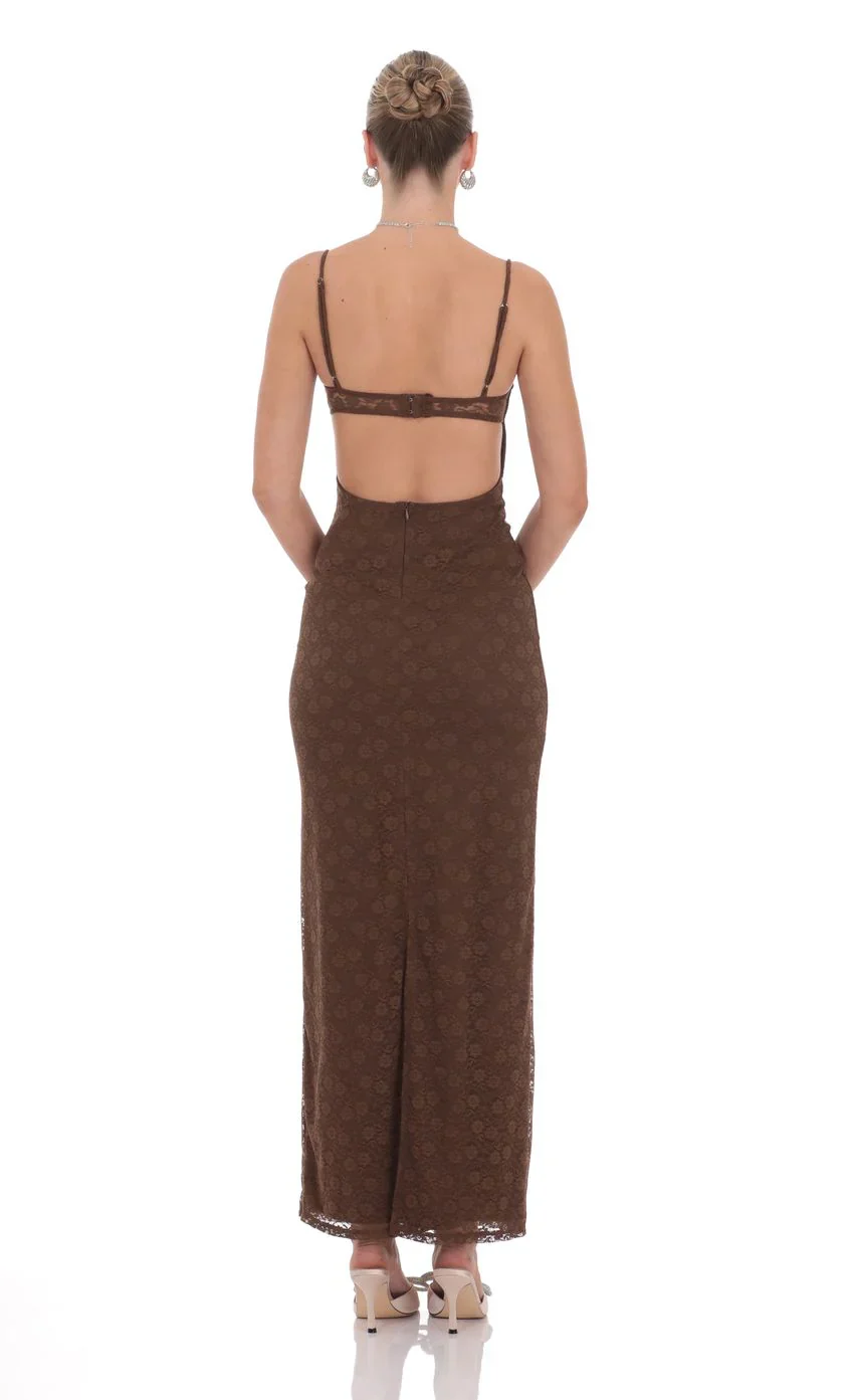 Lace Open Back Maxi Dress in Brown