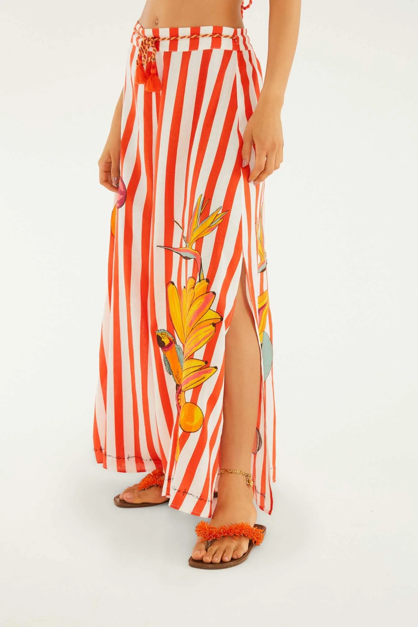 Red Fruit Stripes Rope Ties Slits Pants