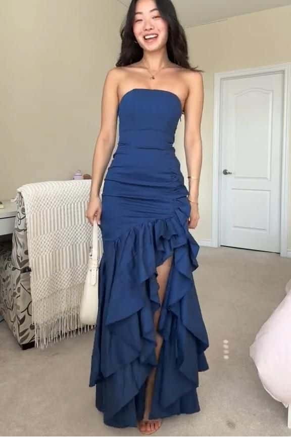 Strapless Navy Blue Mermaid Ruffle Long Dress