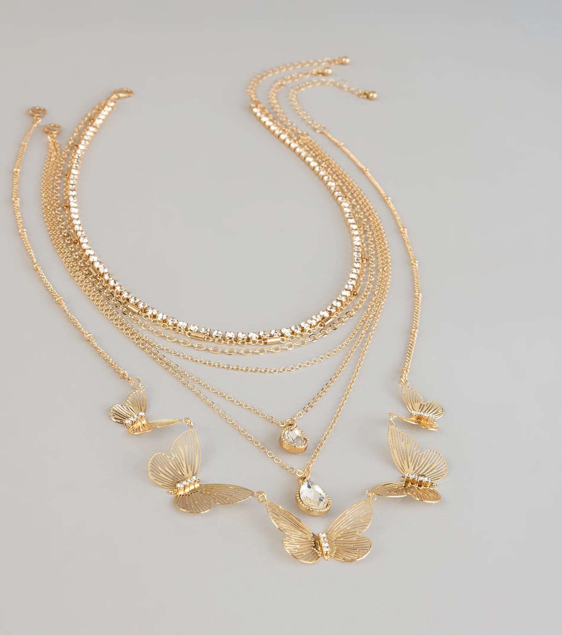 Golden Hour Glow Rhinestone Butterfly Layered Necklace