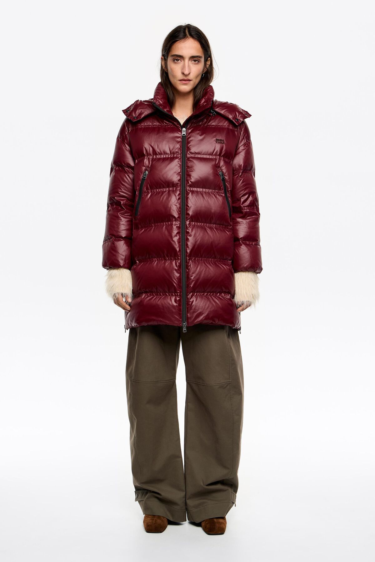 Burgundy A-line down jacket with detachable hood