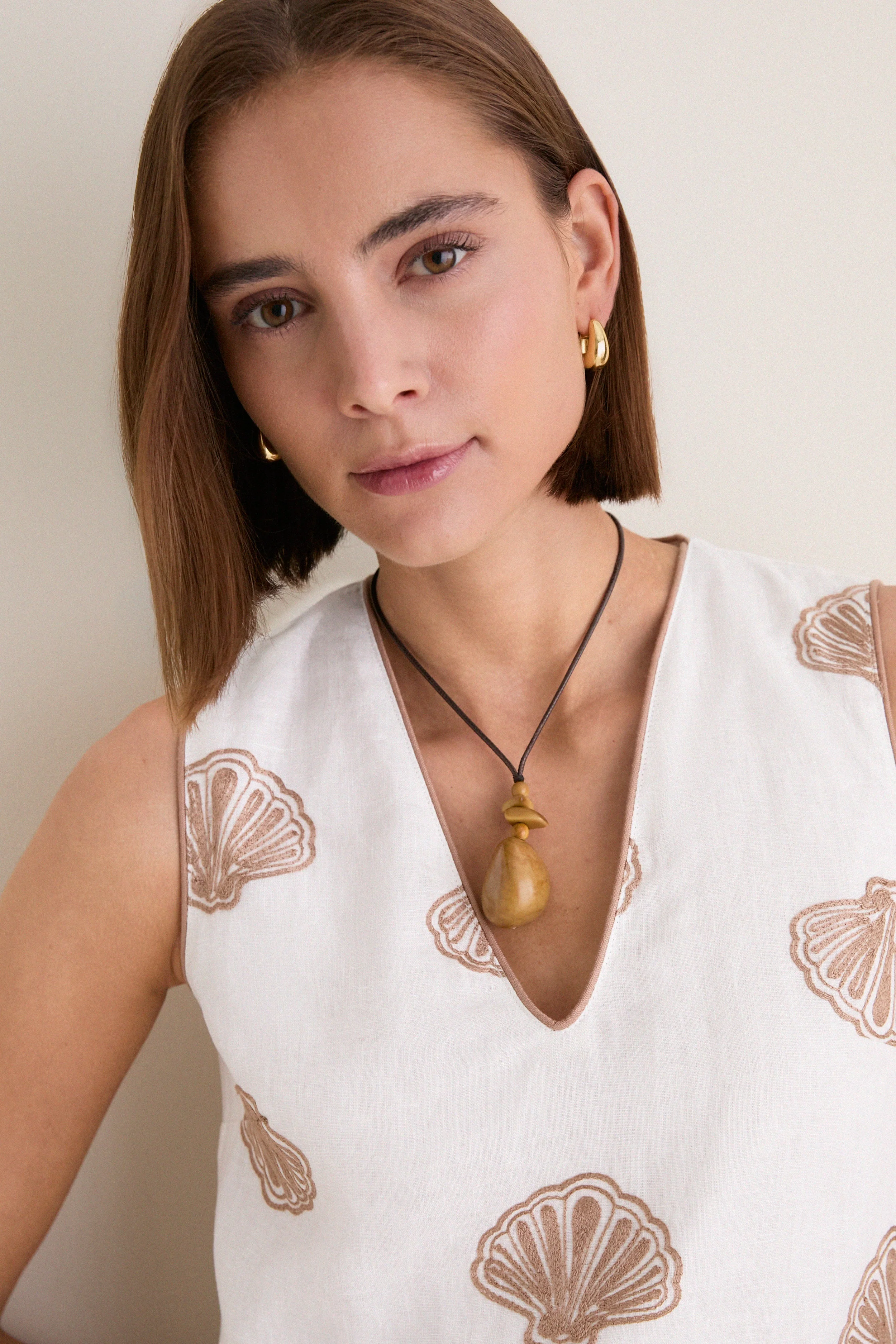 White & Tan Embroidered Seashell Manteo Mini Dress