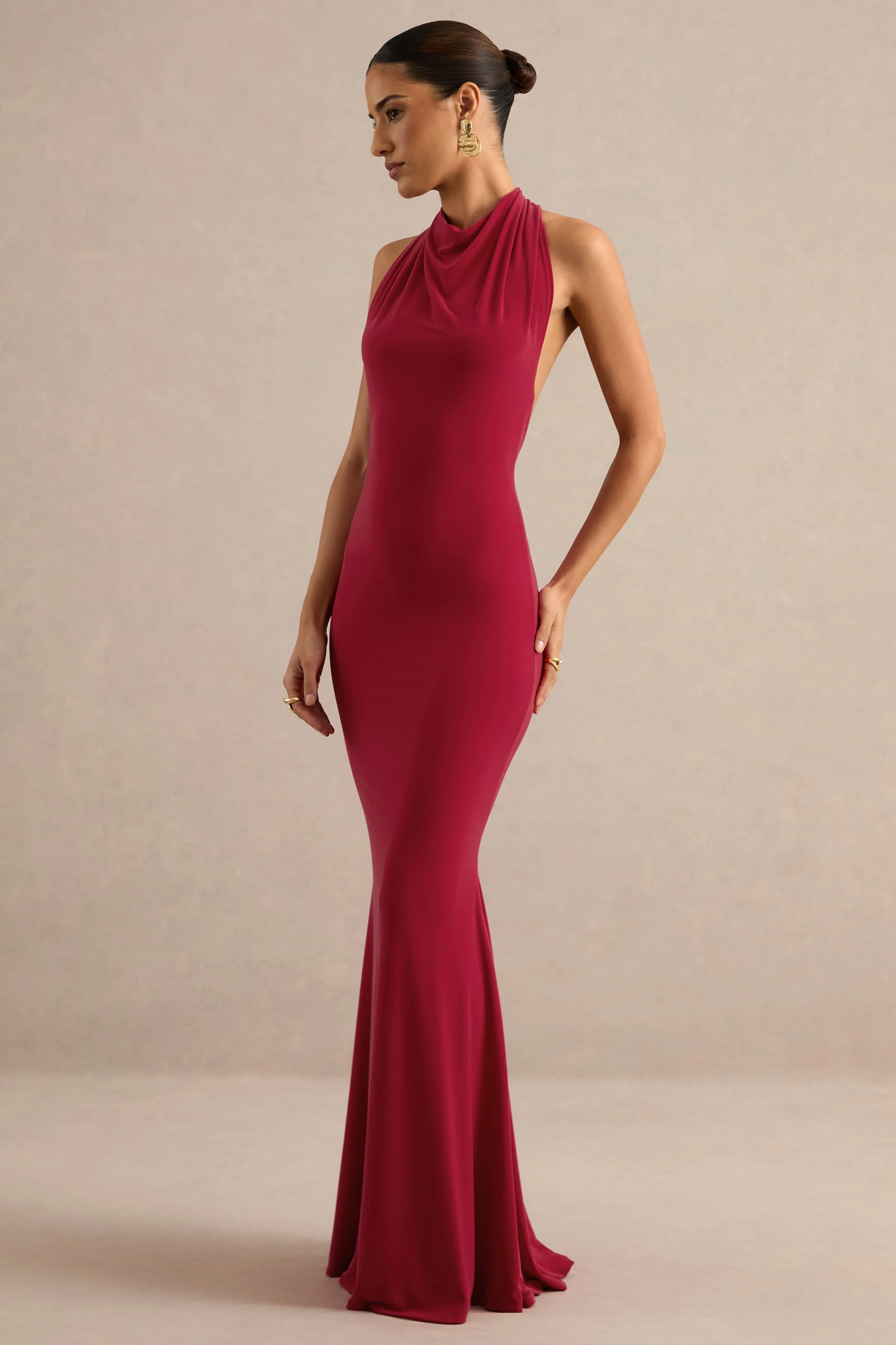 Lyrielle | Red Jersey High Neck Maxi Dress With Ruching And Twist Back Detail
