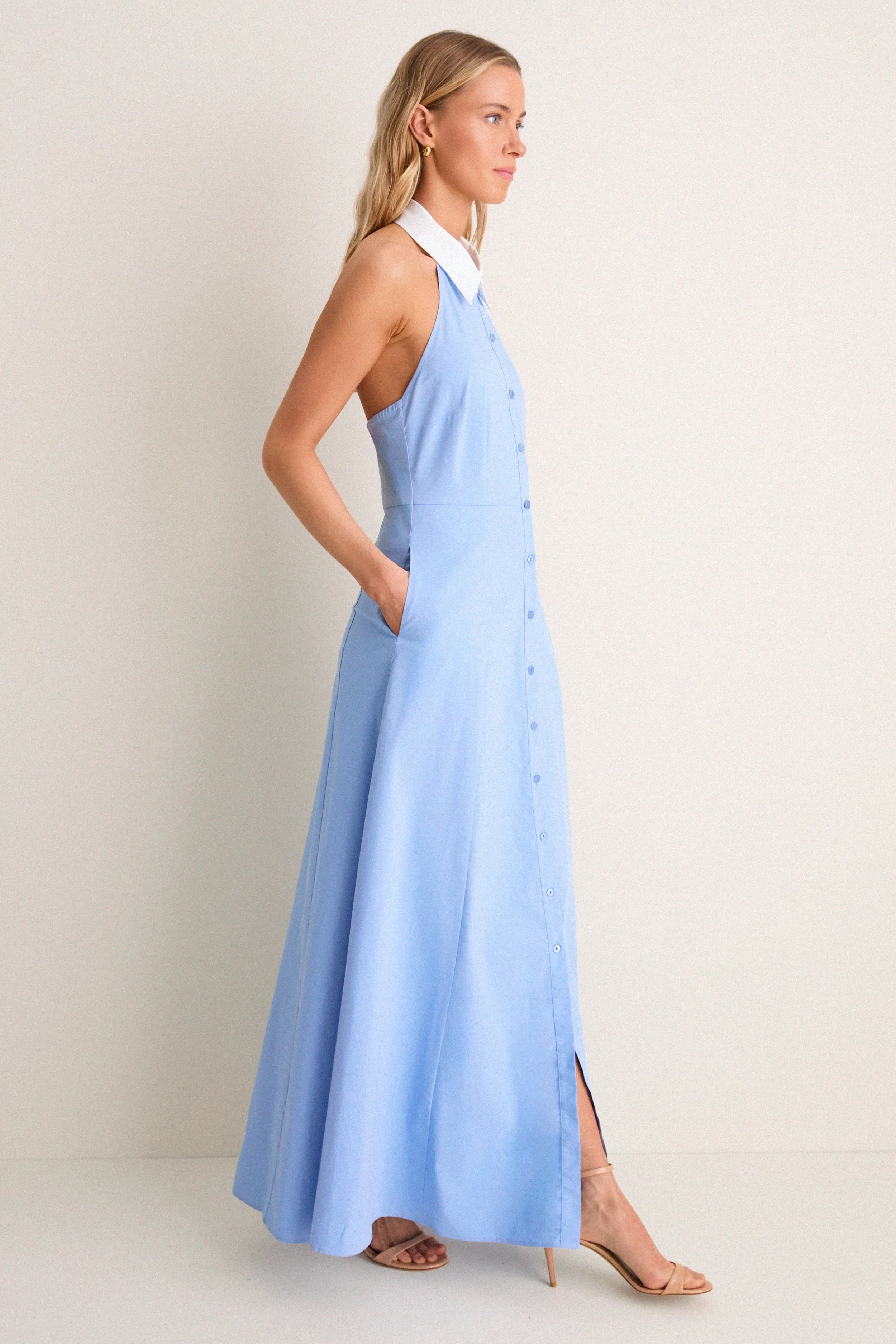 Vista Blue and White Maurie Halter Maxi Dress
