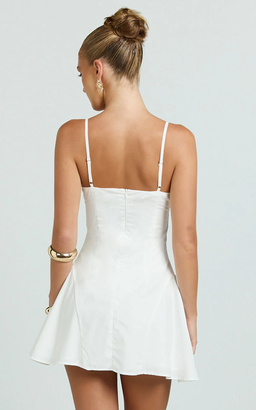 Monet Mini Dress - Button Down Ruched Front Fit And Flare Dress in Off White
