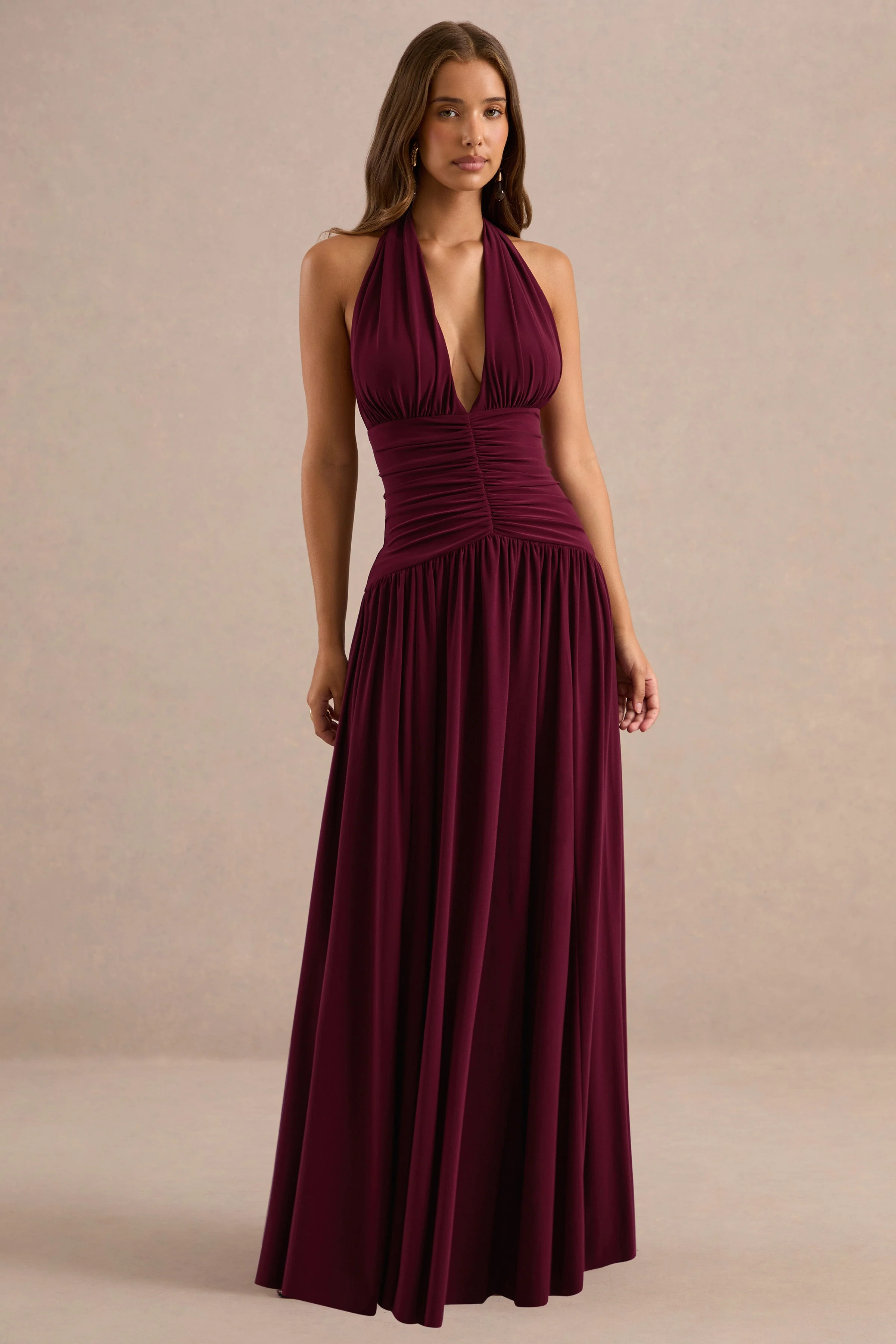 Bettina | Burgundy Jersey Plunge Maxi Dress With Gathered Detailing And Tie Back