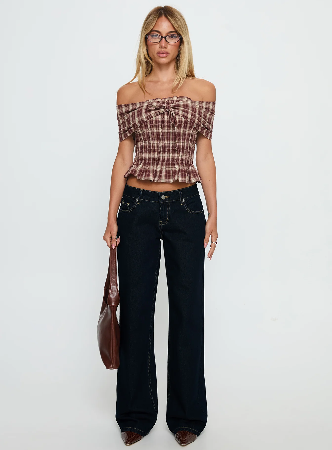 Avalynn Off Shoulder Shirred Top Brown Check