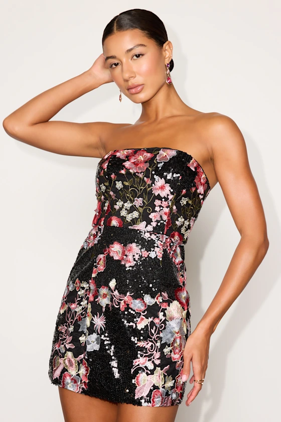 Tiffy Black Multi Sequin Embroidered Strapless Mini Dress