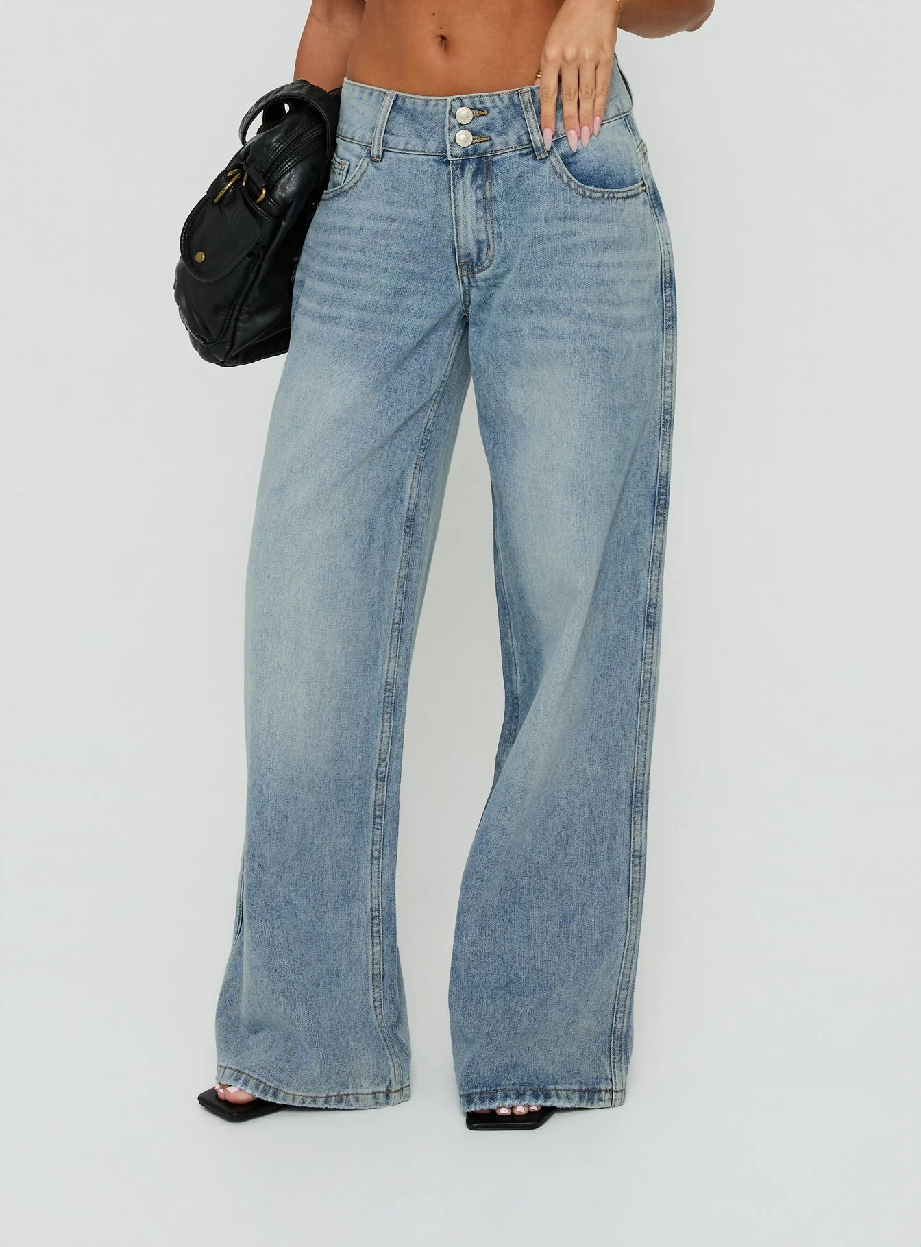 Ramos Low Rise Double Button Wide Leg Denim Jeans Light Vintage Blue
