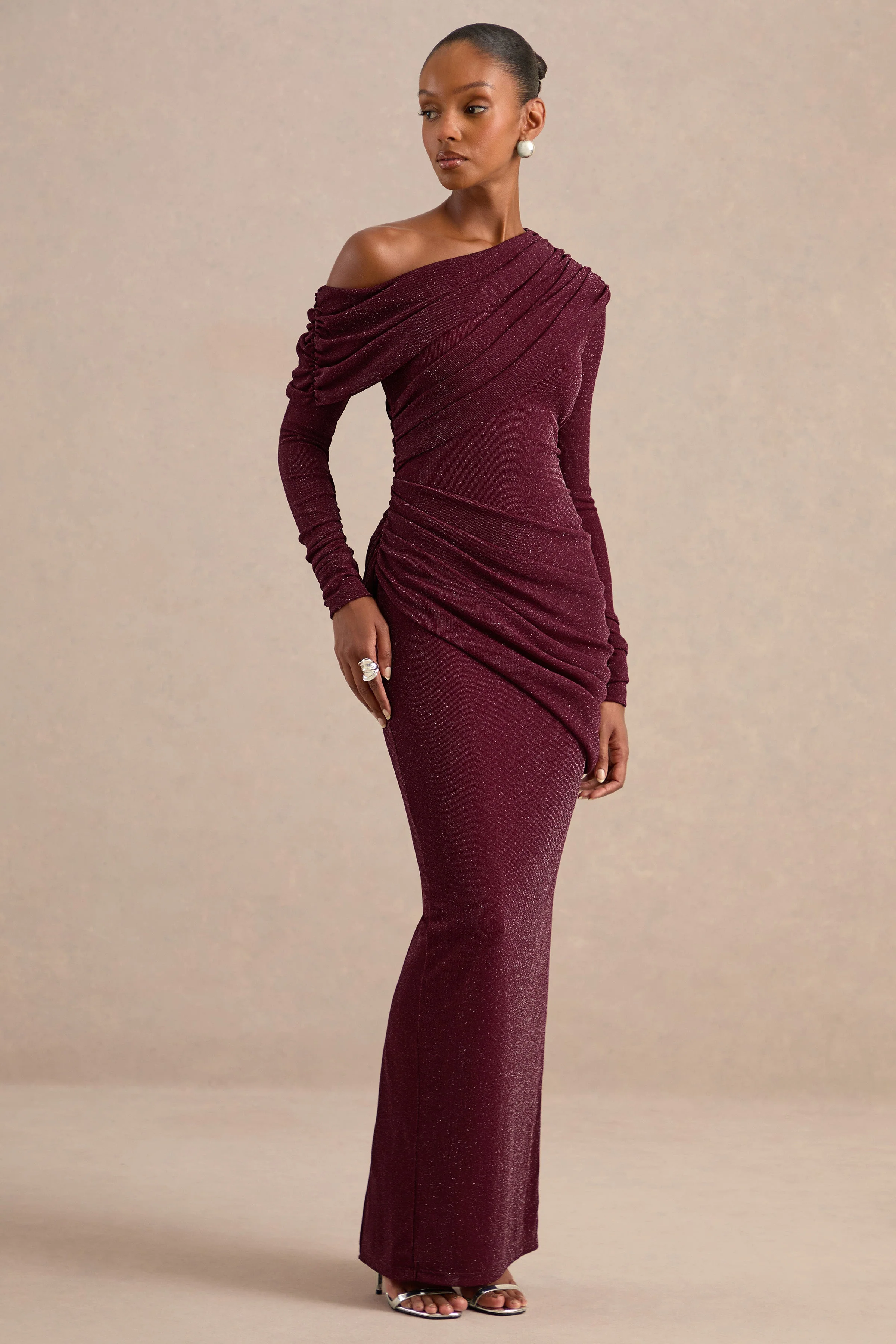 Annemarie | Burgundy Mesh One Shoulder Long Sleeve Maxi Dress With Ruching