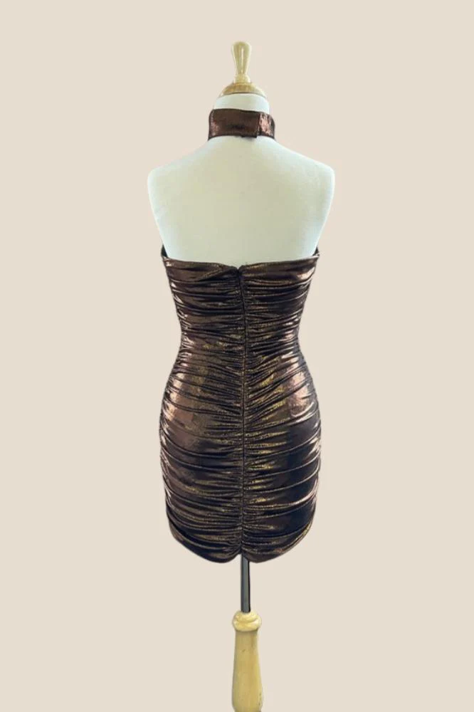 Strapless Brown Metallic Ruched Fitted Short Dress