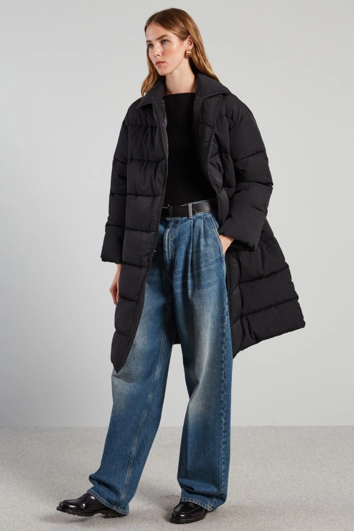 Long belted padded coat - BLACK