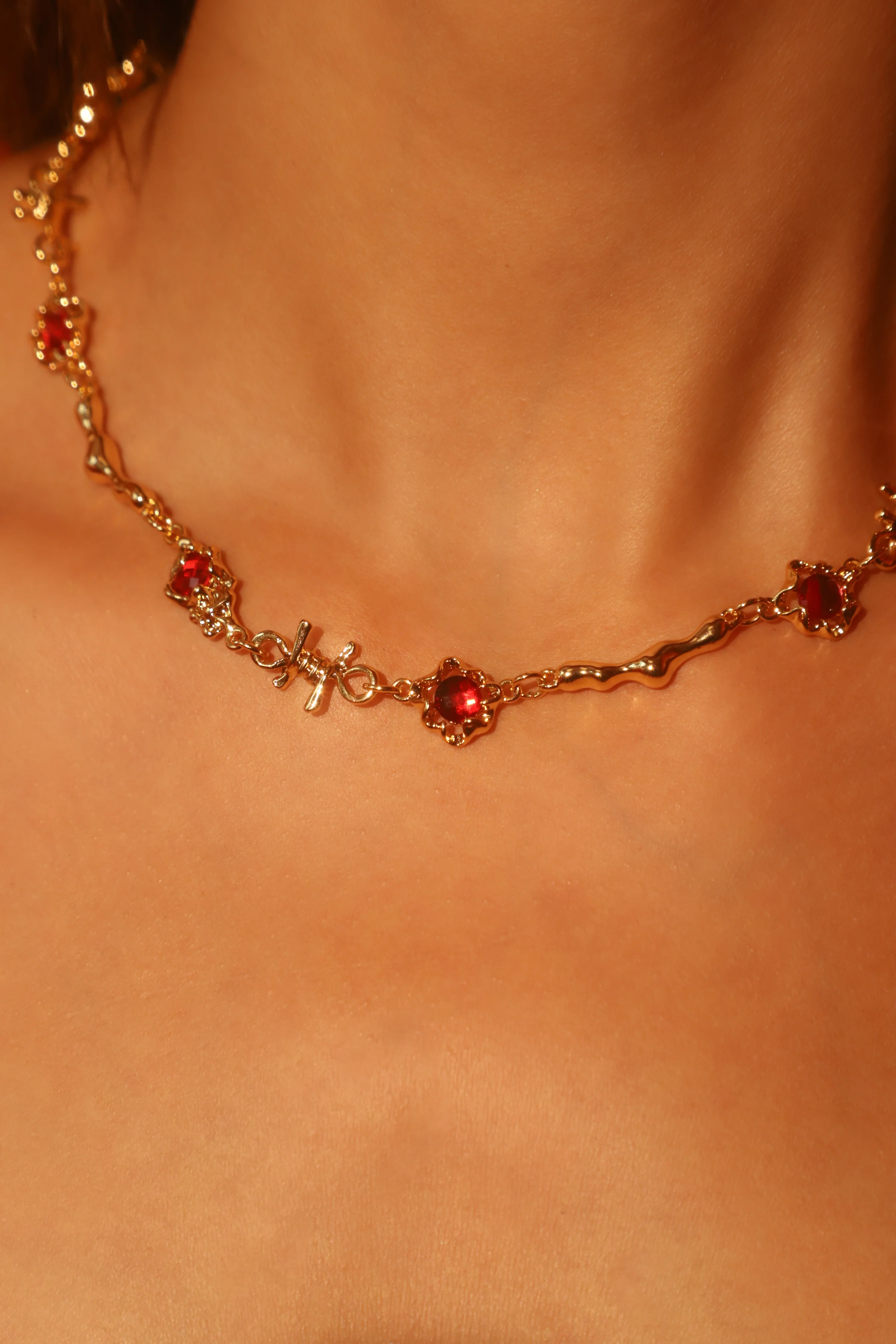 18K Real Gold Plated Multi Red Gem Twist Necklace