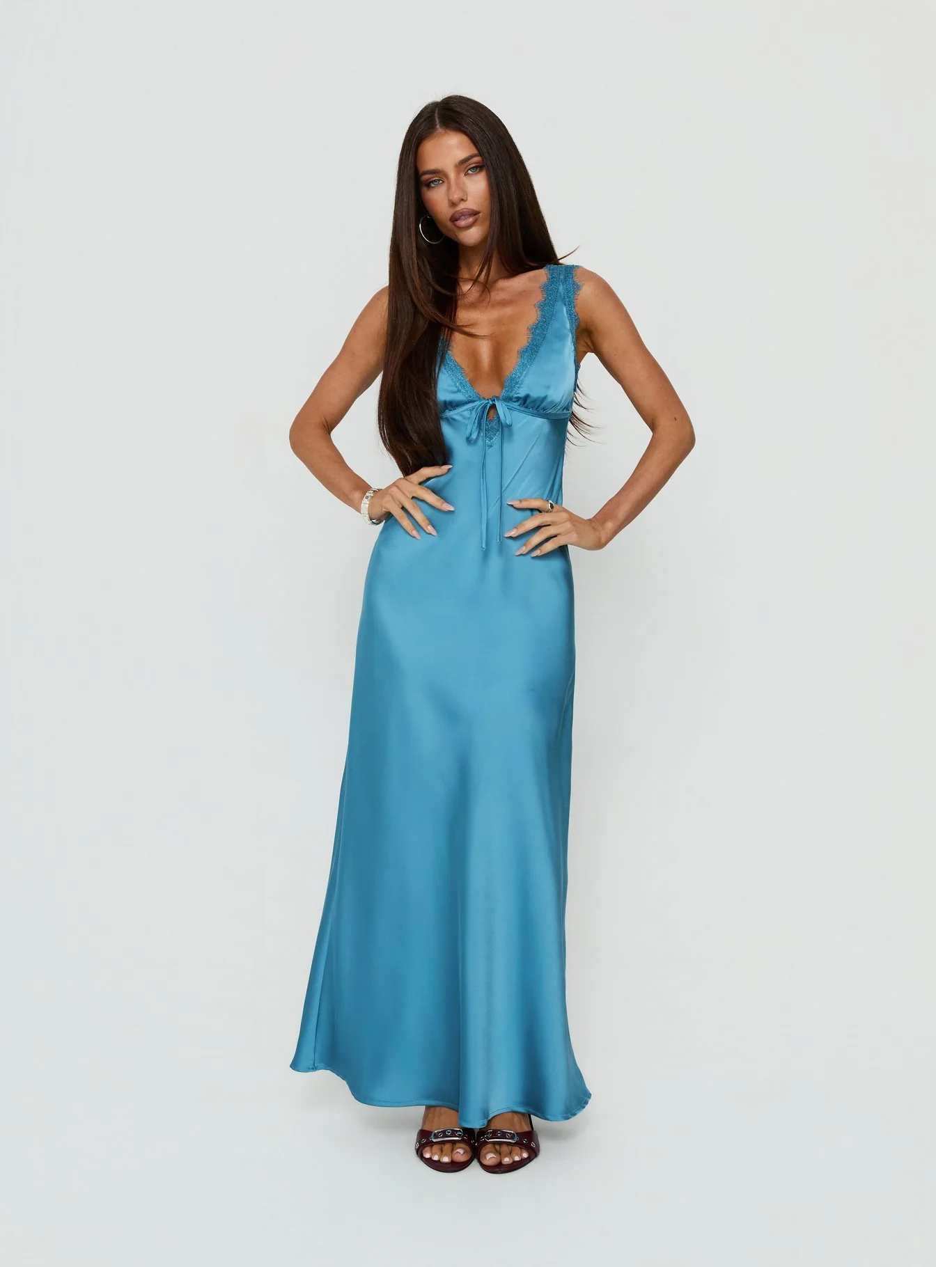 Damelia Tie Detail Lace Trim Maxi Dress Blue