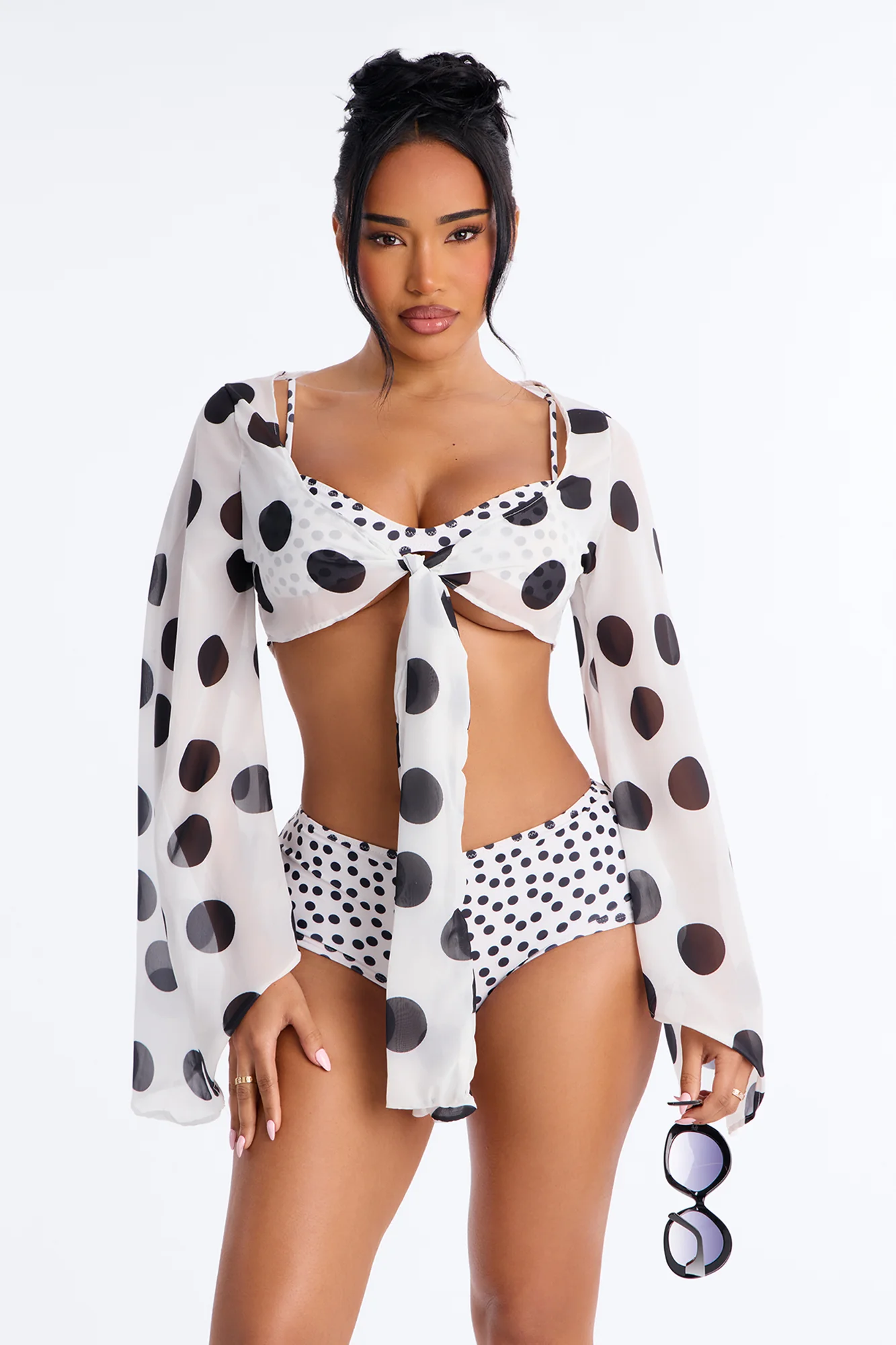 Warm Vacay Sheer Flare Sleeve Front Tie Boyshort 3 Piece Bikini Set - White/Black