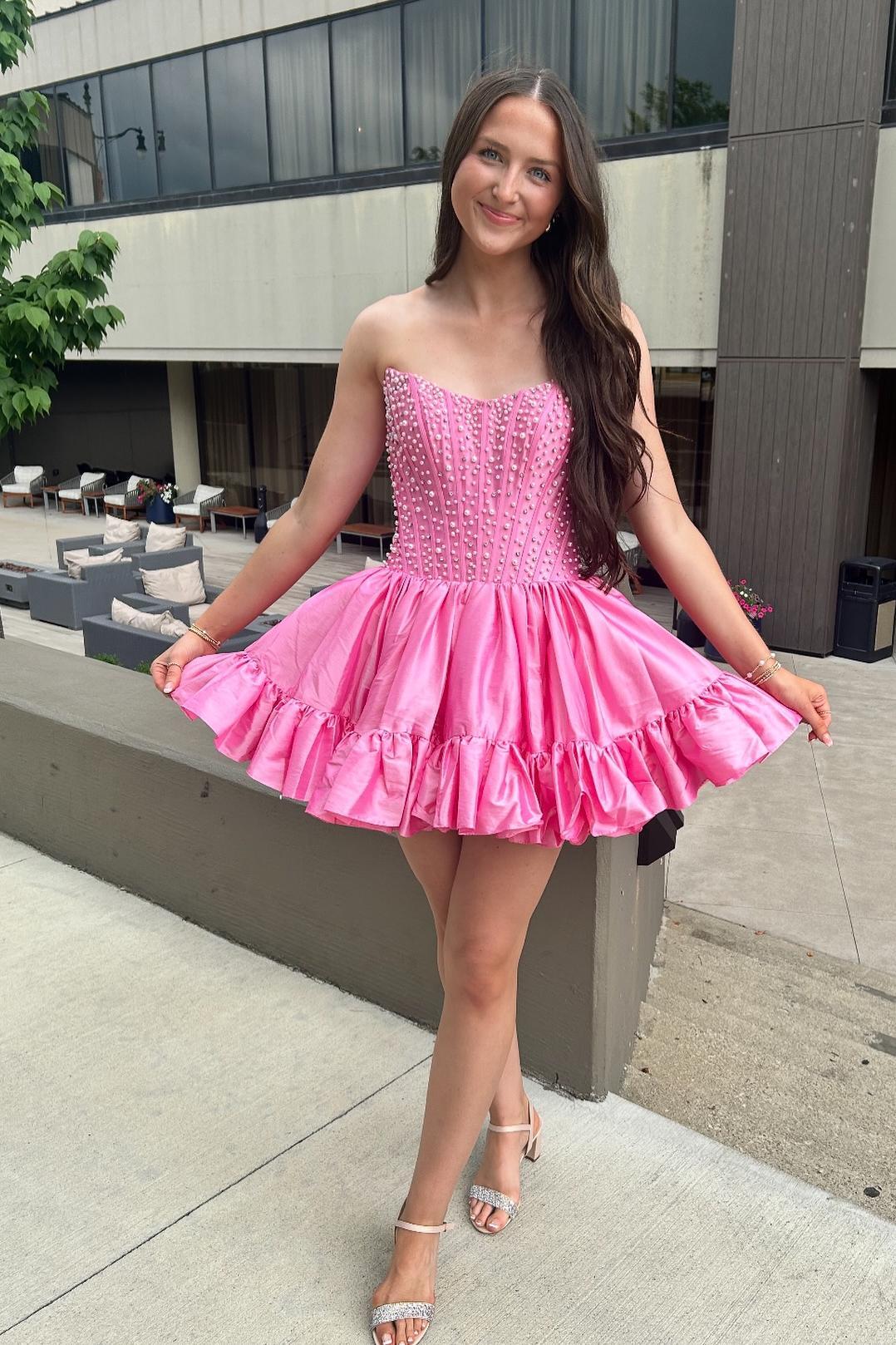 Strapless Black Ruffle Hem Short Dress with Pearls