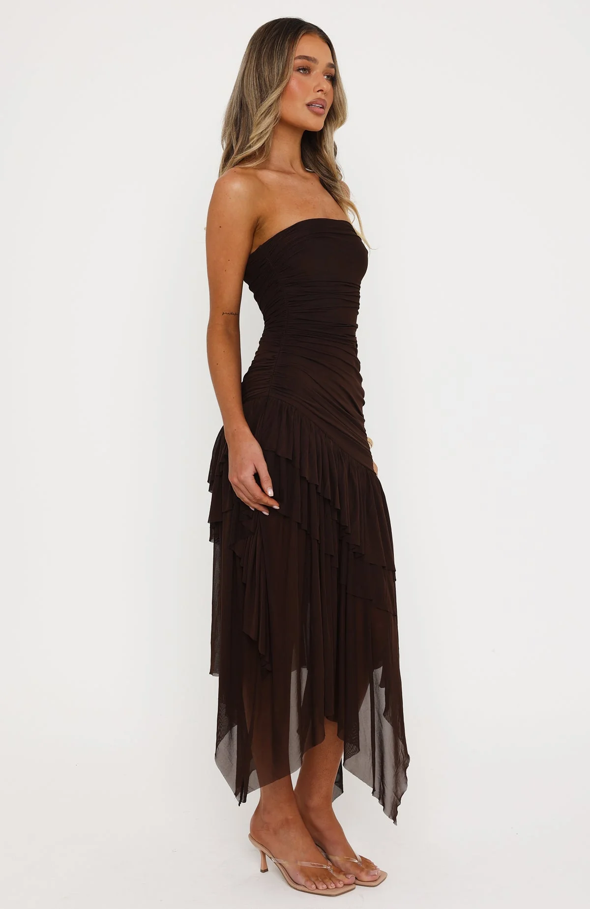 Venetian Dreams Strapless Midi Dress Chocolate