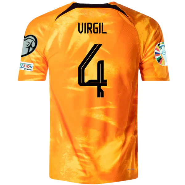 Netherlands Virgil Van Dijk Home Match Authentic Jersey w/ Euro Qualifying Patches 22/23 (Laser Orange/Black)