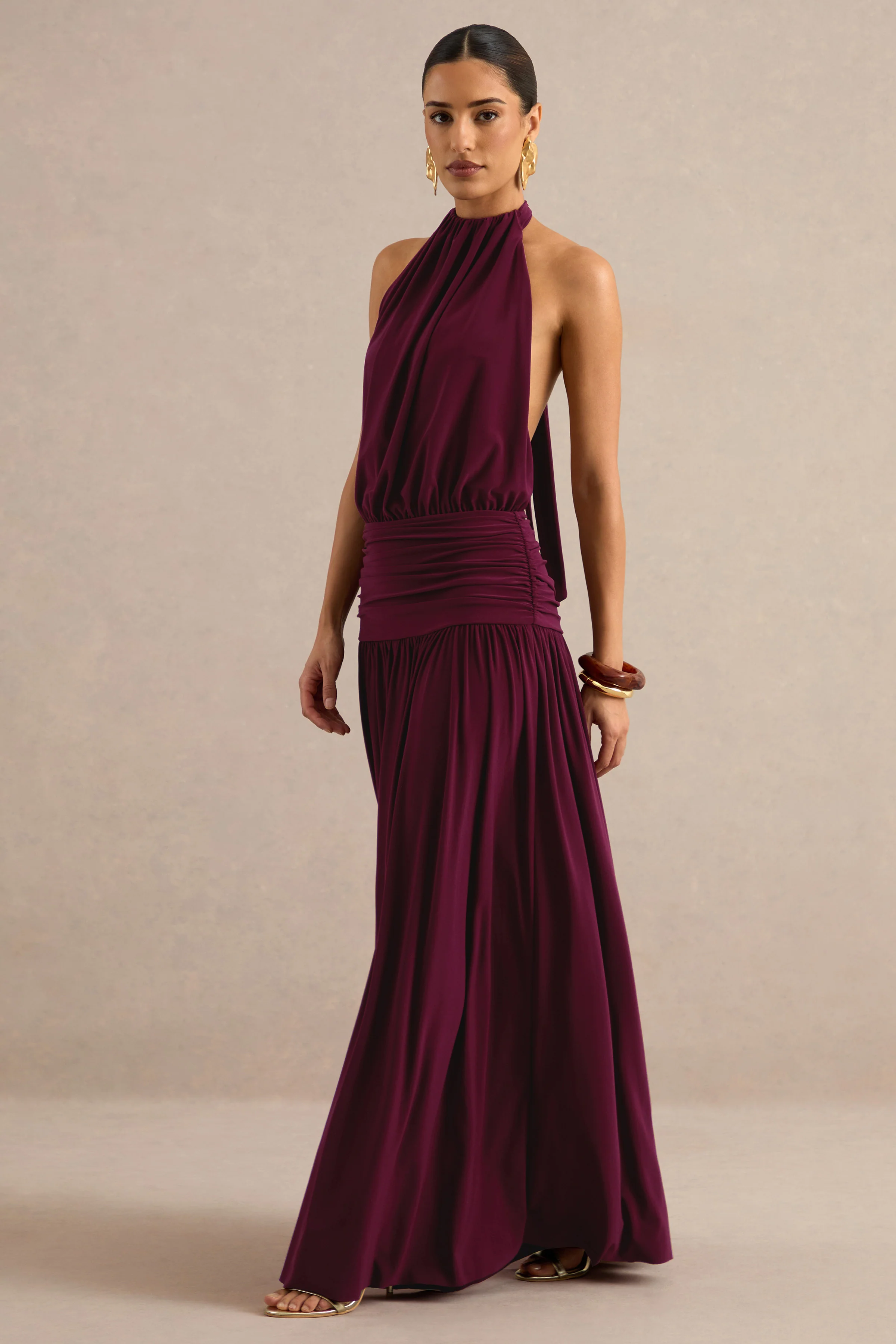 Hilarie | Burgundy Jersey Ruched High Neck Maxi Dress With Open Back