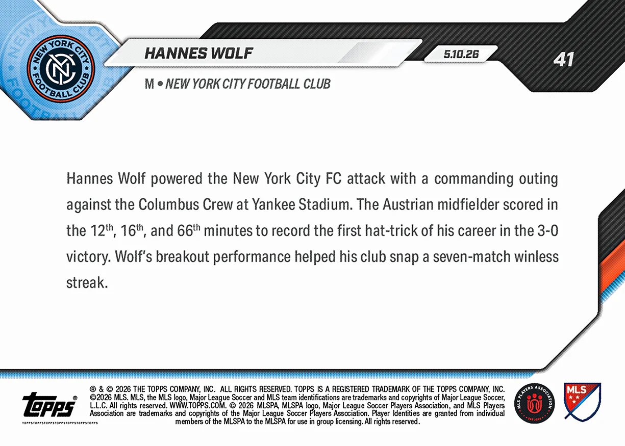 Hannes Wolf - 2026 MLS Topps NOW® - Card 41 - PR: 192