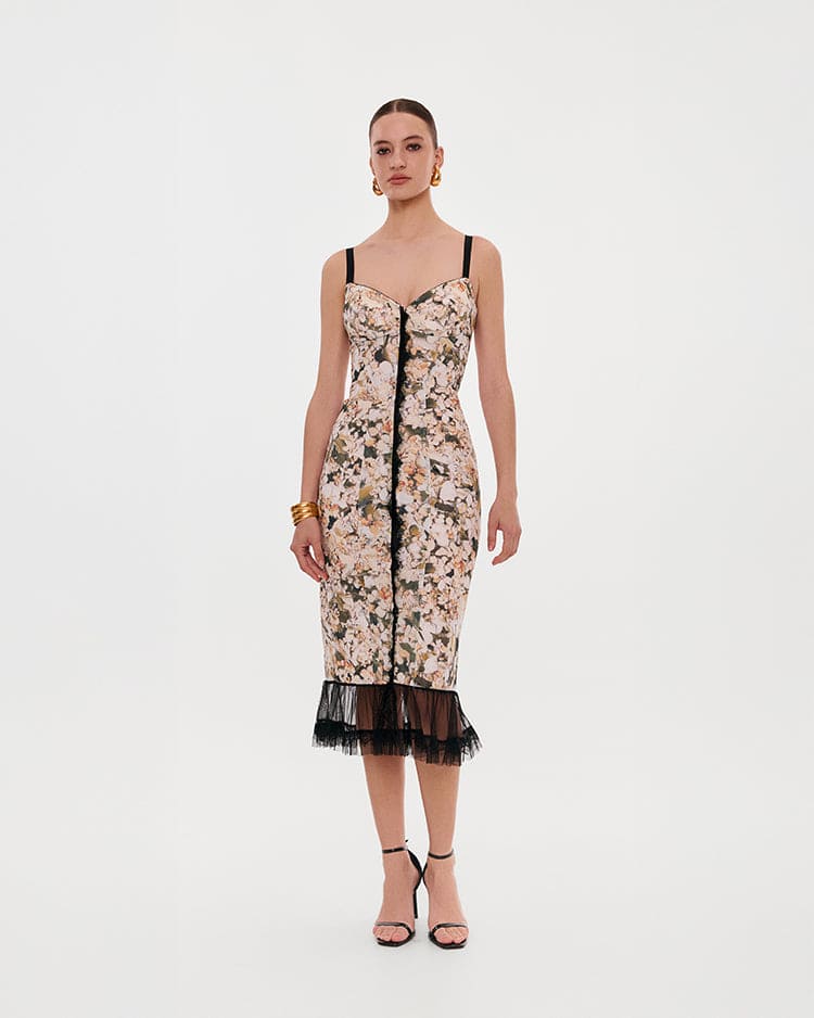 Floral midi dress with puffy tulle hem