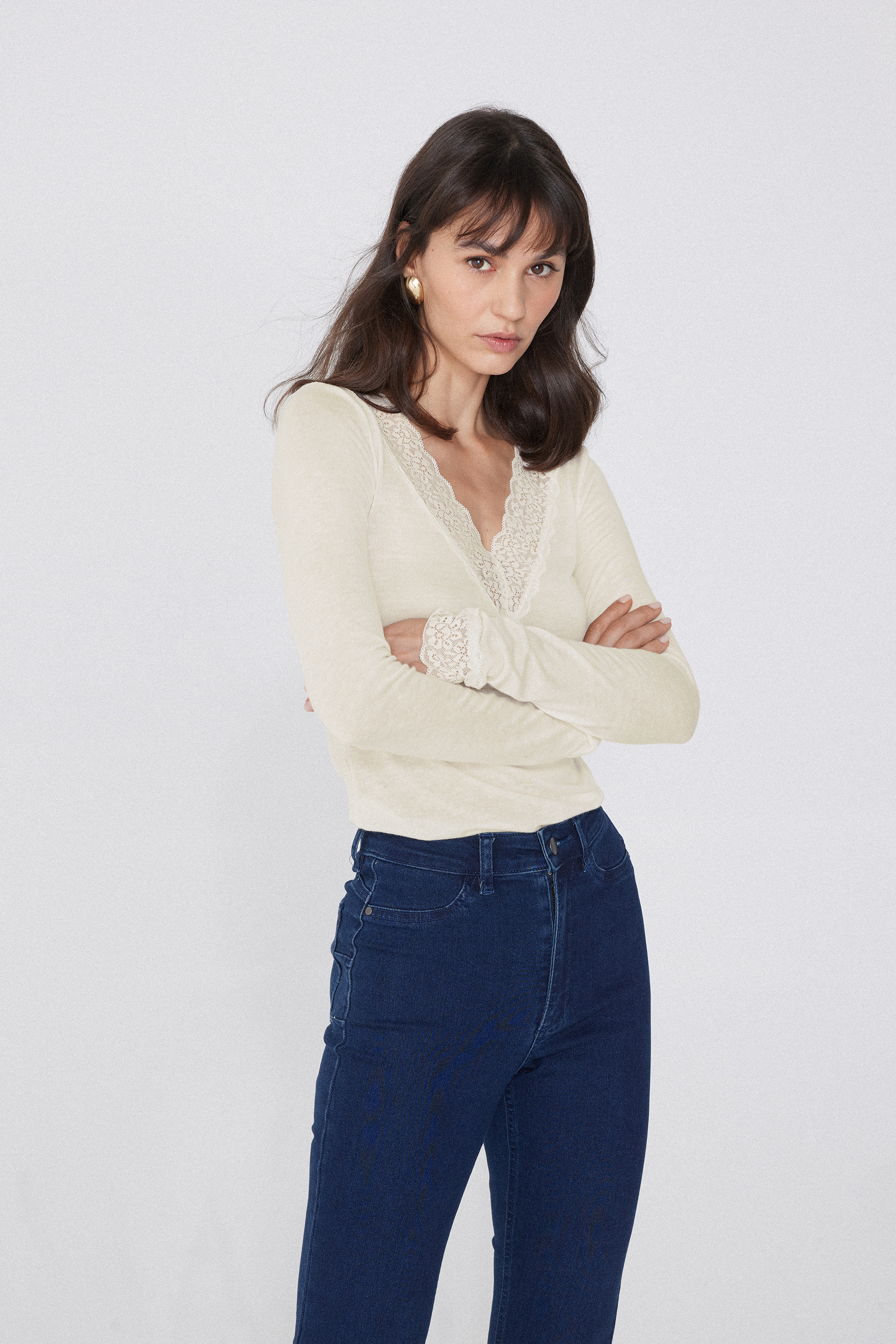 Lightweight Lace/Merino Wool Top with V-Neck