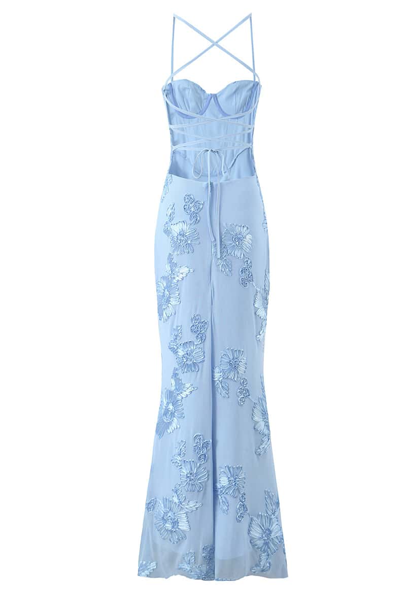 Blue Embroidered Fitted Straps Dress