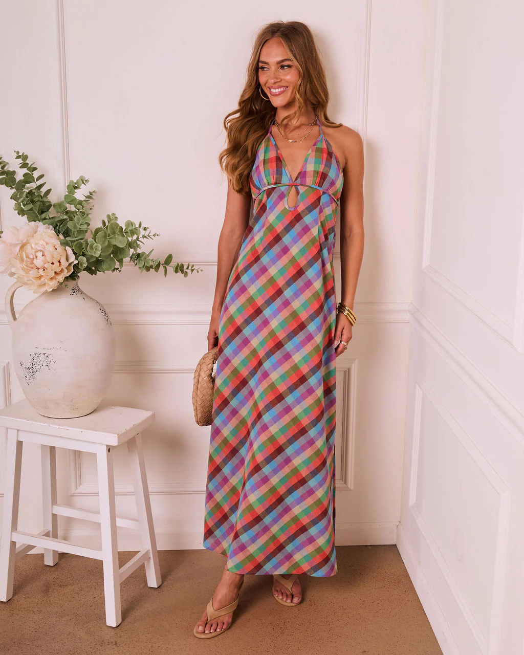 Serene Renewal Plaid Slip Halter Neck Maxi Dress