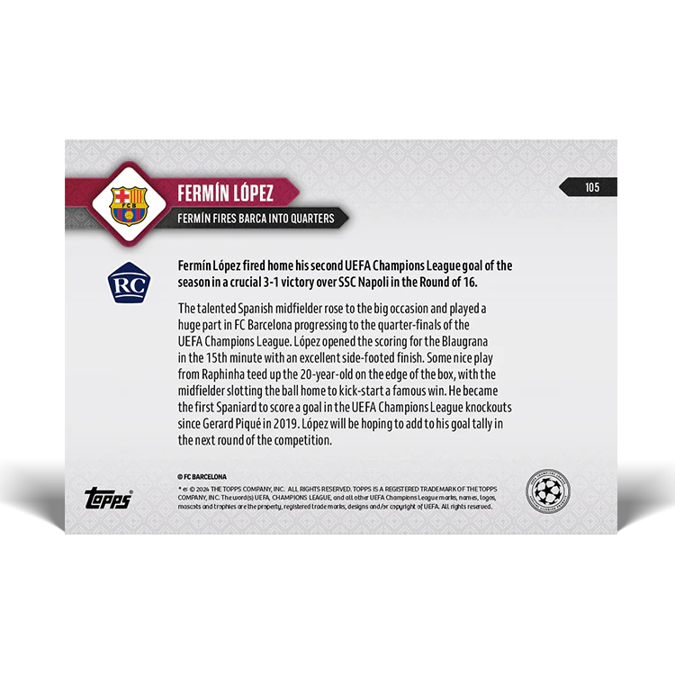 Topps UK - Fermín Lopez - Fermín fires Barca into quarters - UCL TOPPS NOW® Card #105