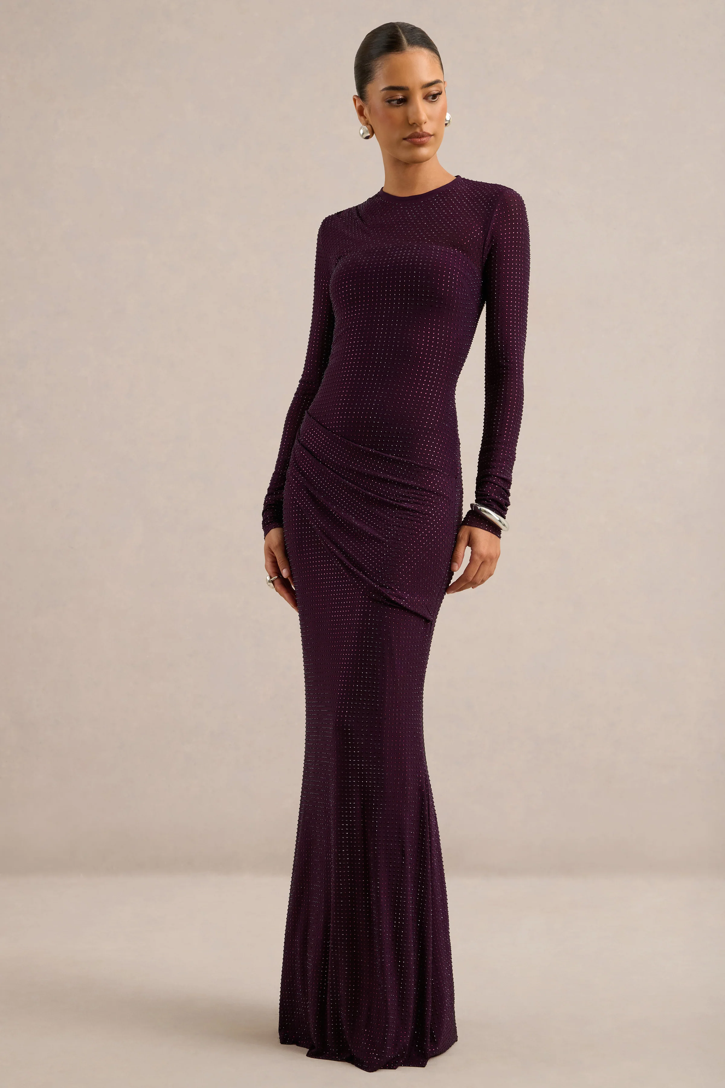 Alvena | Purple Embellished Jersey High Neck Long Sleeve Maxi Dress With Draped Detailing