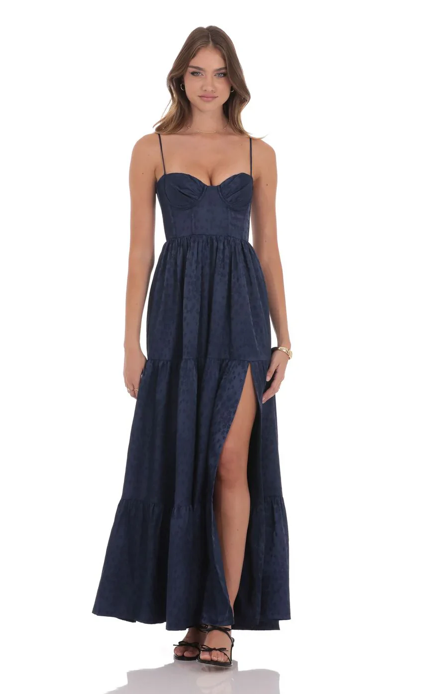 Floral Jacquard Maxi Dress in Navy