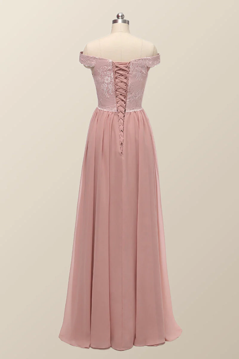 Off the Shoulder Blush Pink Lace and Chiffon Bridesmaid Dress