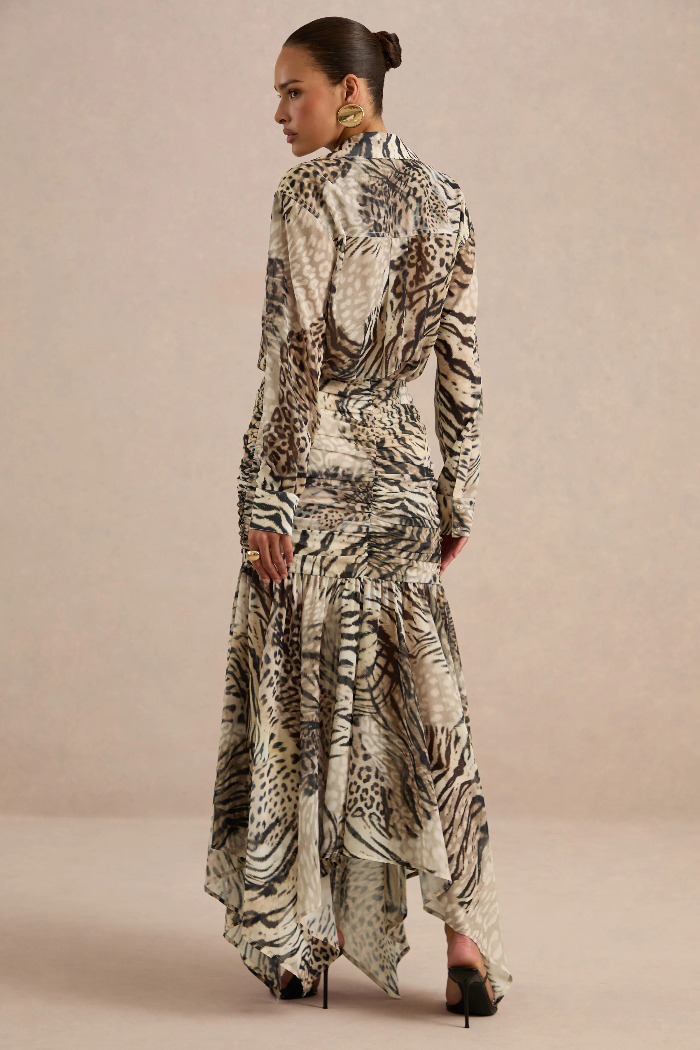 Kris | Brown Animal Print Chiffon V Neck Long Sleeve A-Line Maxi Dress