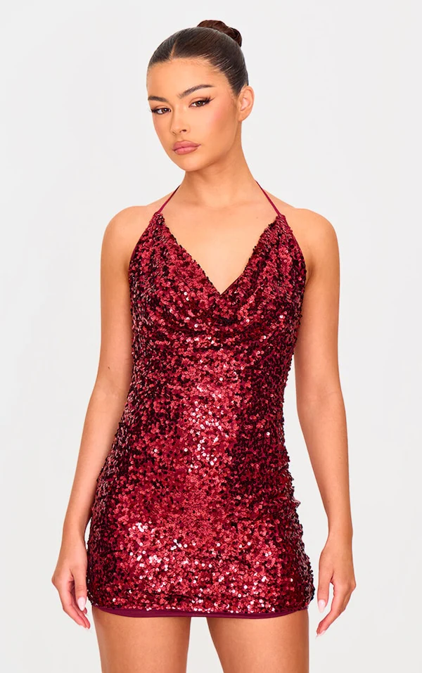 Aqua Sequin Tie Cowl Halter Neck Bodycon Dress