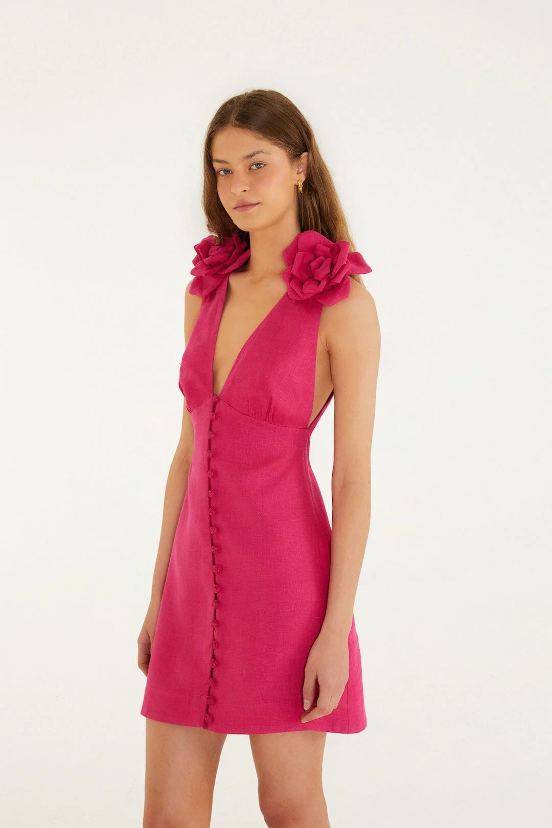 Pink 3d Flower Euroflax™ Premium Linen Mini Dress