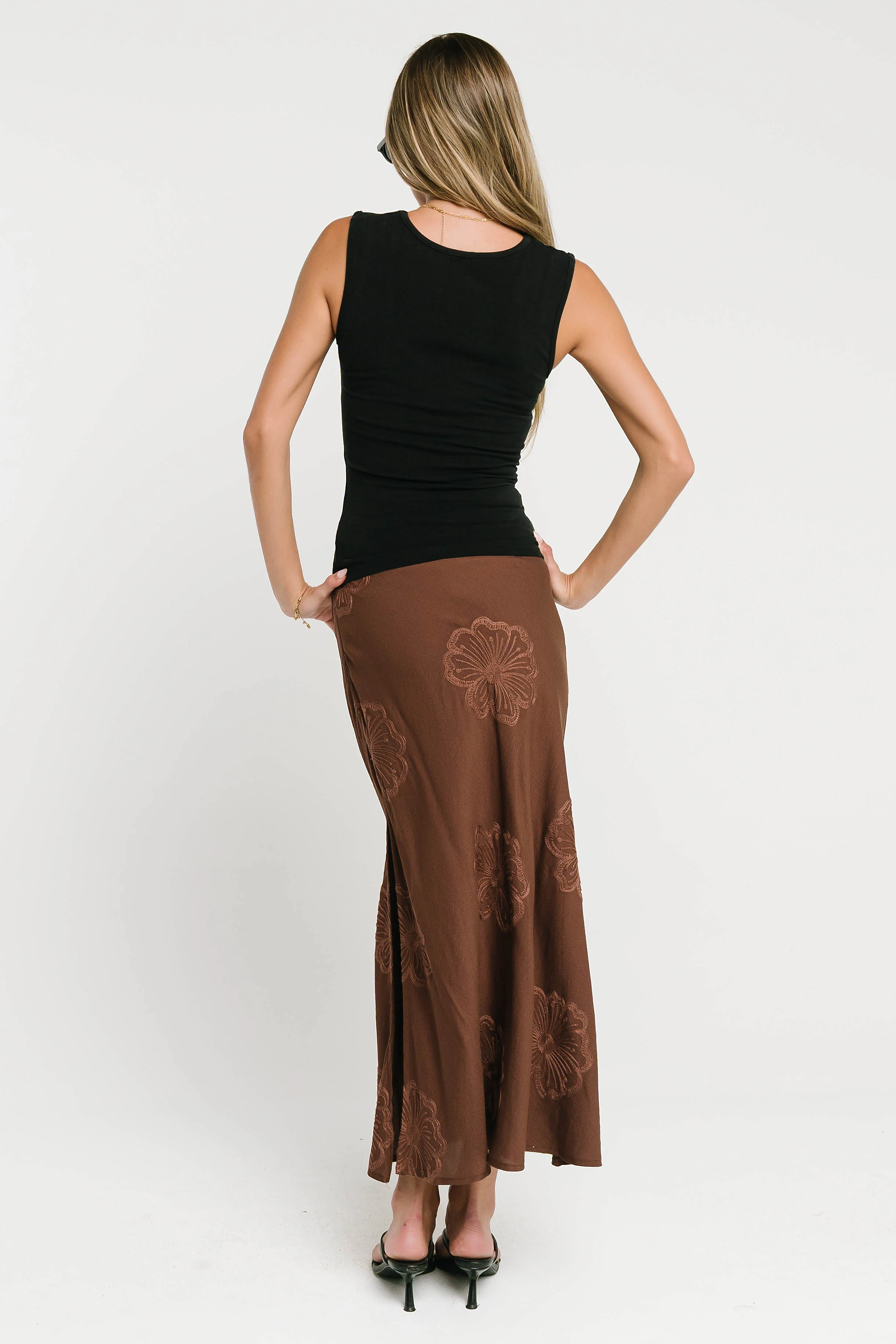 Jayda Embroidered Maxi Skirt in Brown