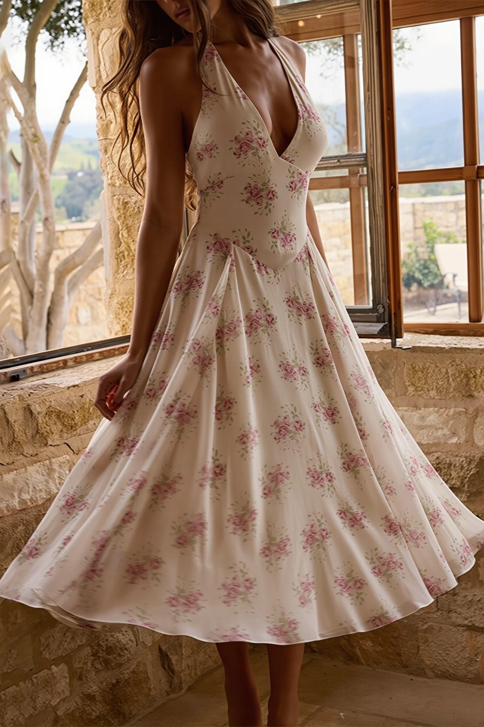 Chic Print Halter Neck V Neck Sheer Mesh Backless Midi Dress