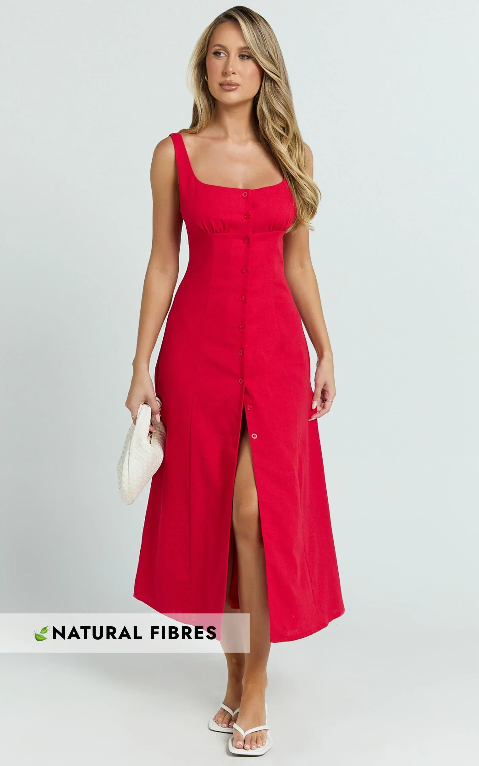 Cameron Midi Dress - Button Front Tie Back Dress in Red